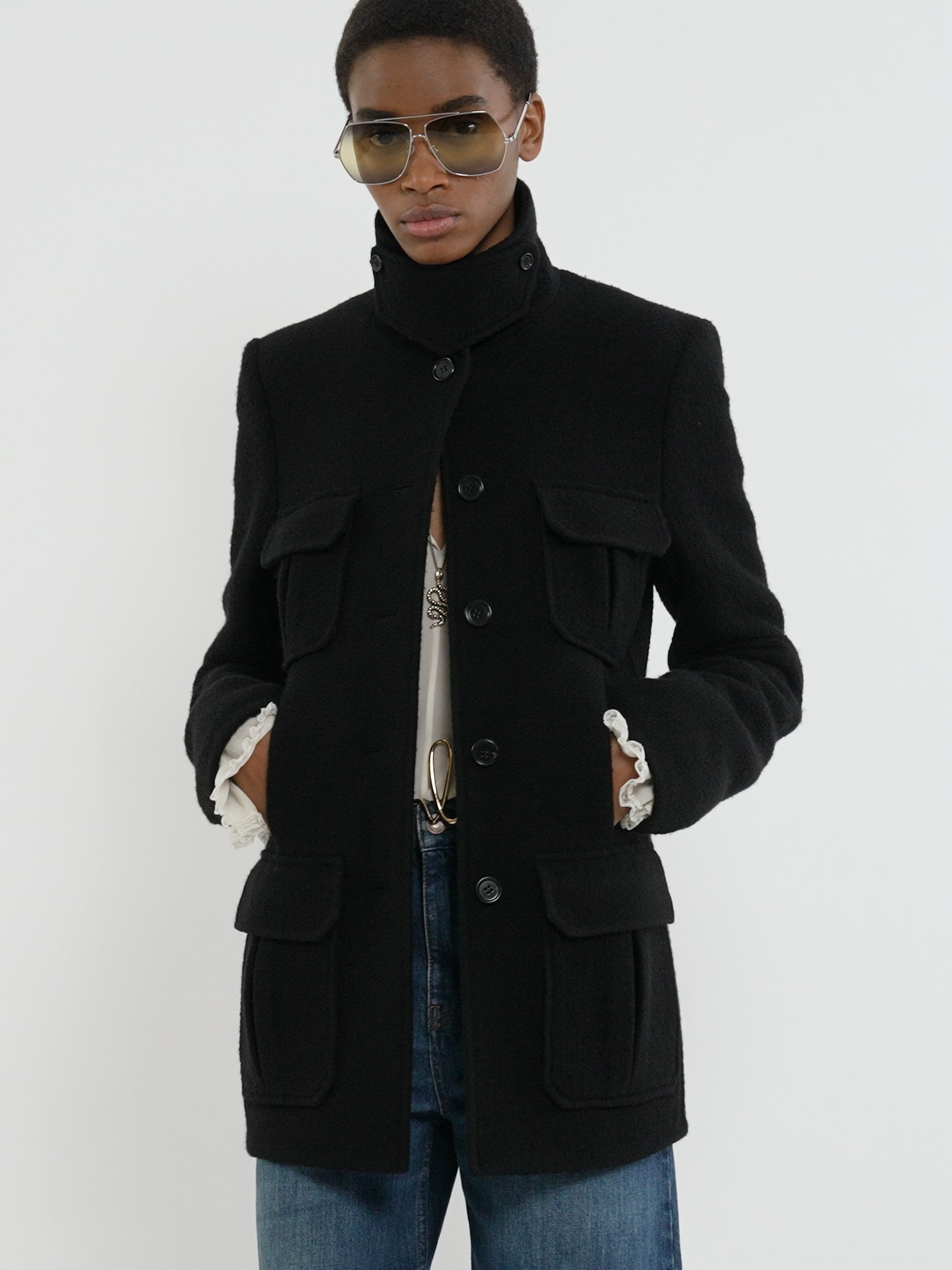 LONG OFFICER JACKET IN BOUCLÉ WOOL - 5