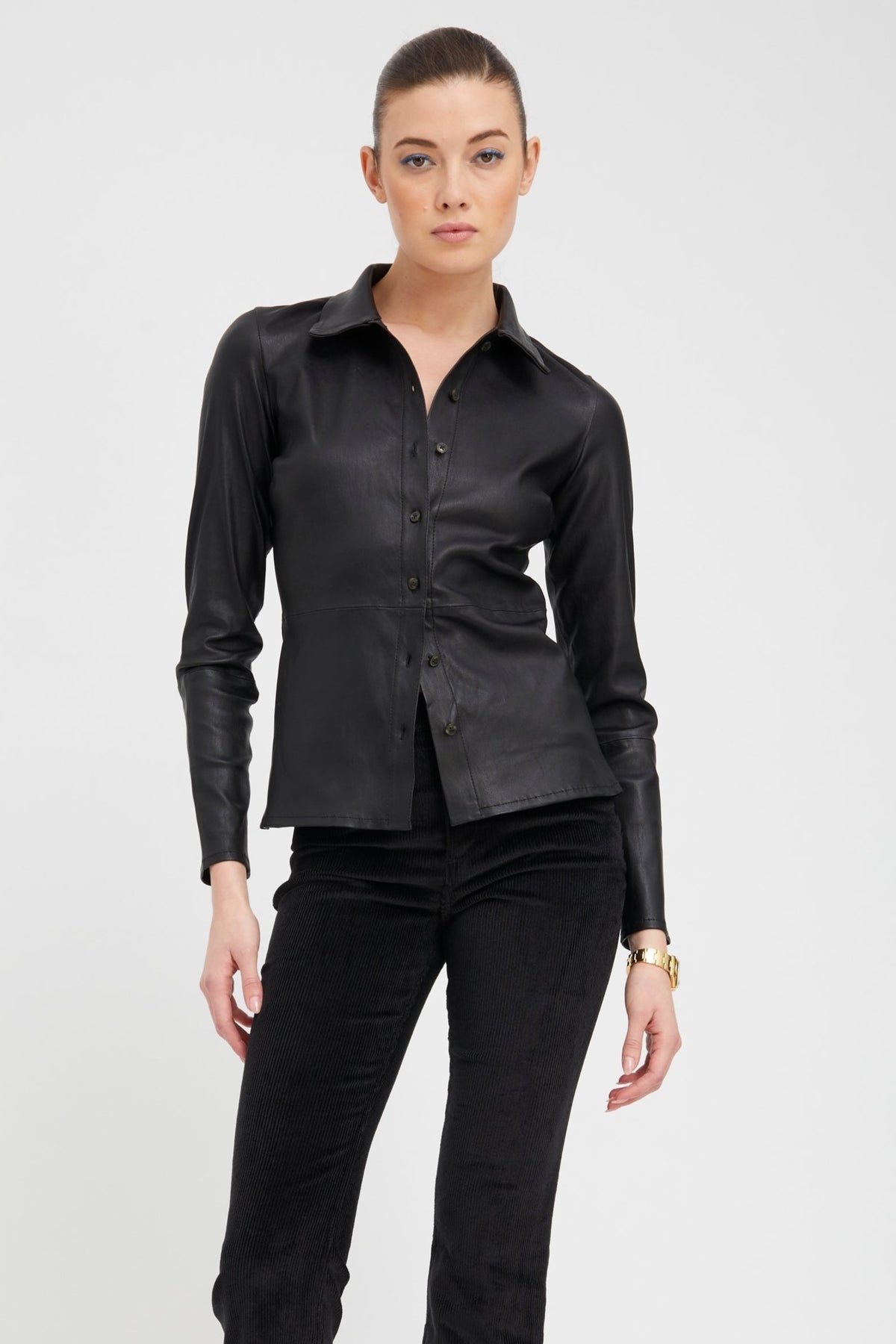 BLACK LEATHER FITTED BUTTON DOWN - 1