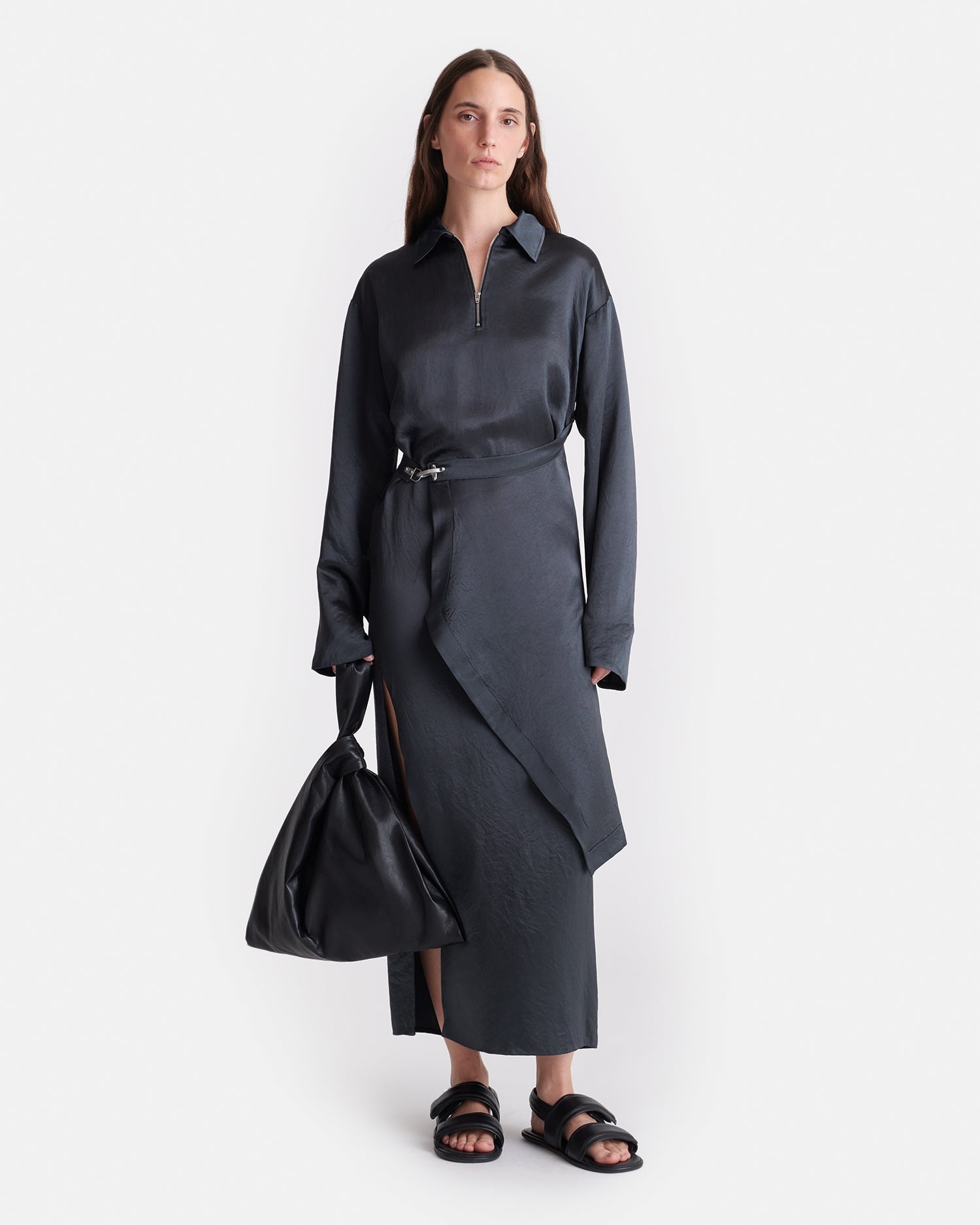 Draped Crinkled Satin Midi Dress - 3