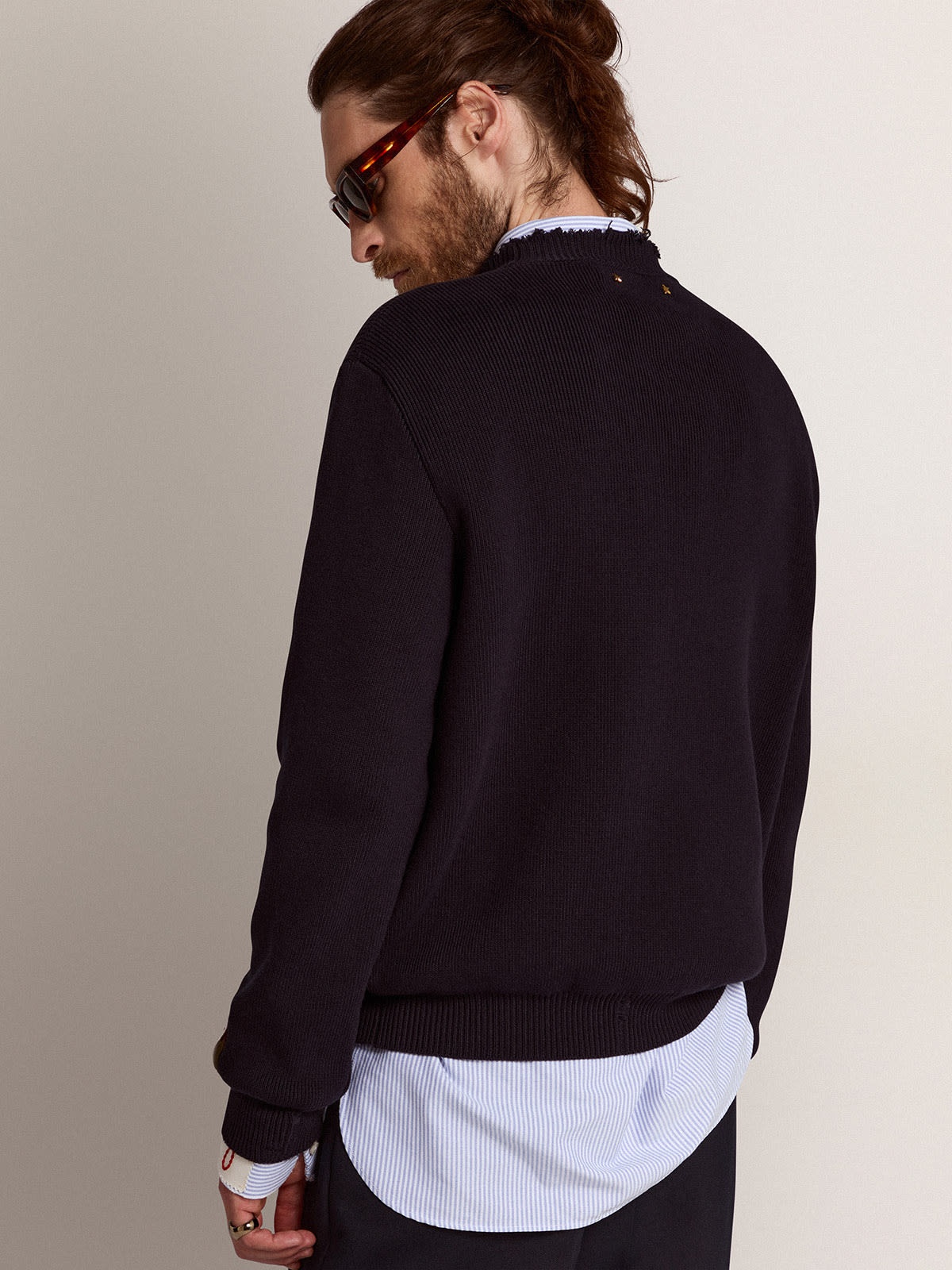 Men’s round-neck sweater in dark blue cotton - 4