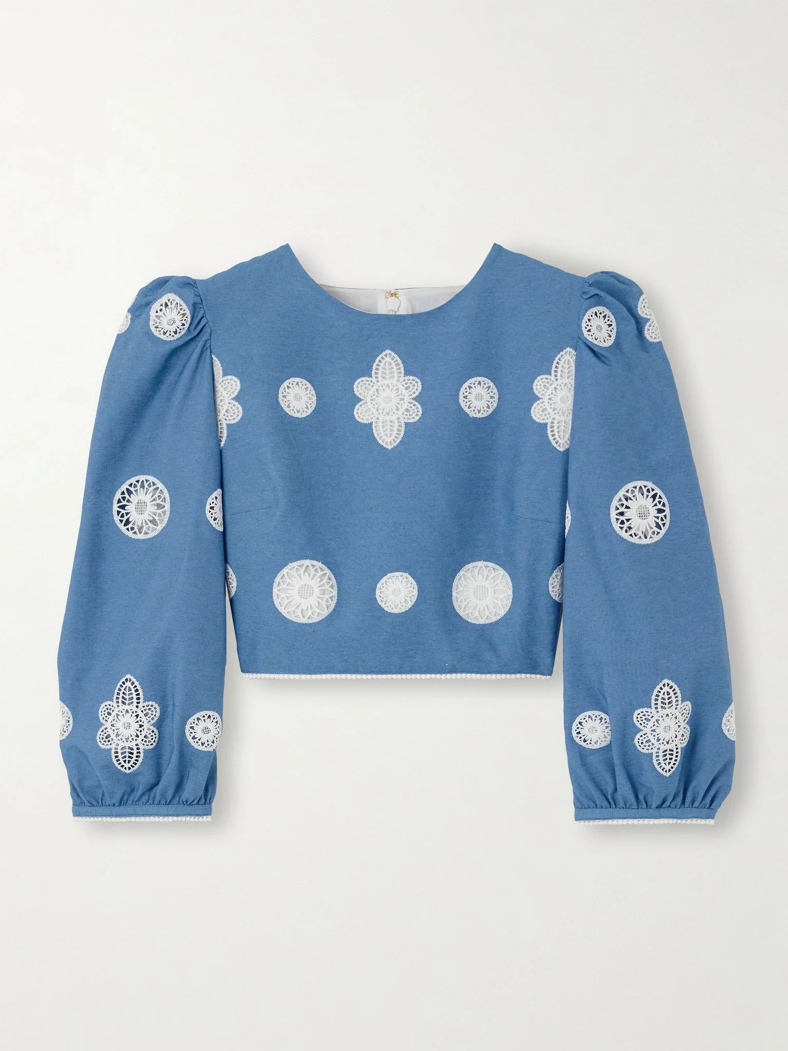 Crocheted lace-trimmed chambray top Blue - 1