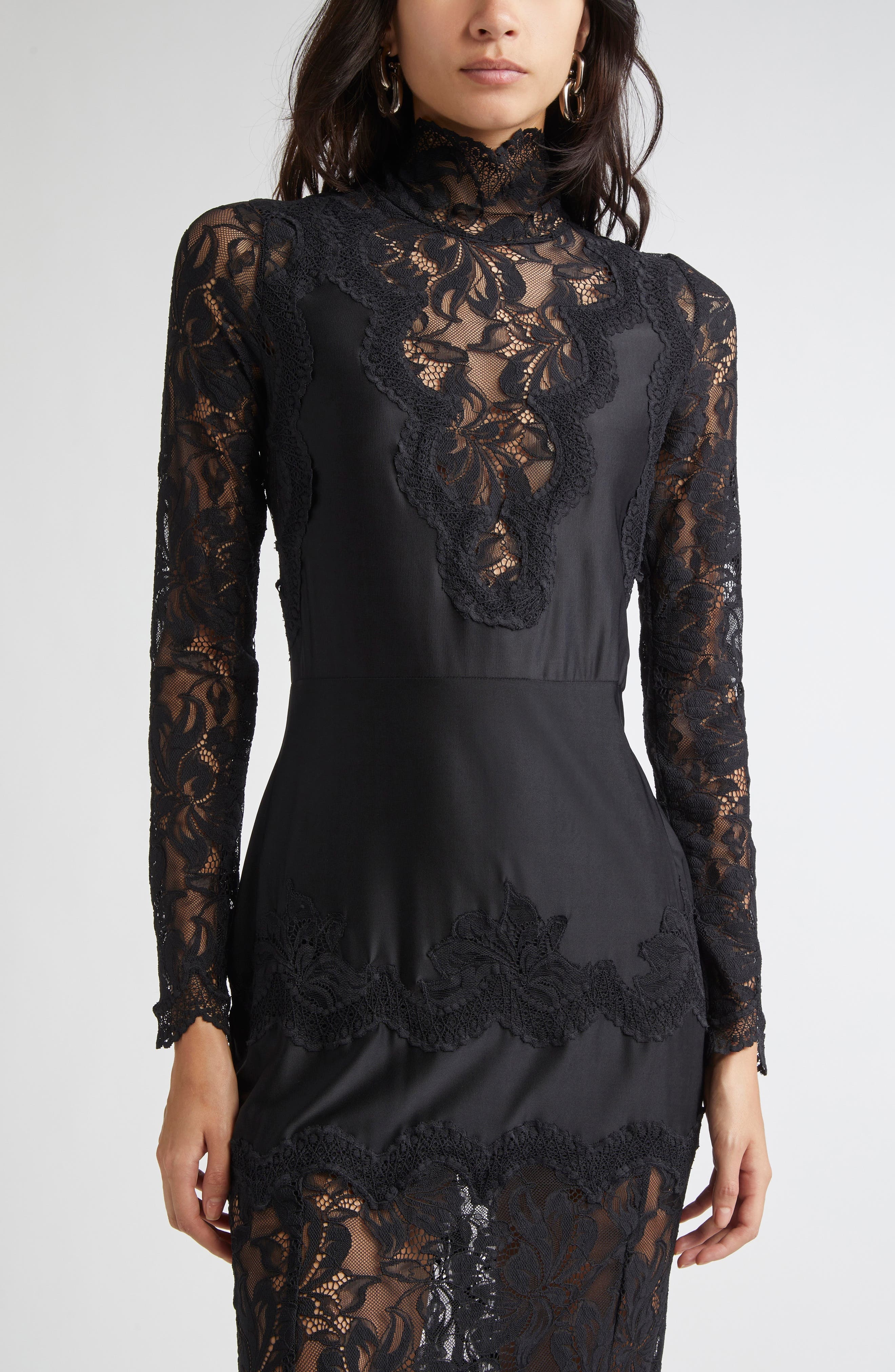 Rabanne Long Sleeve Lace & Jersey Dress in Black at Nordstrom - 4