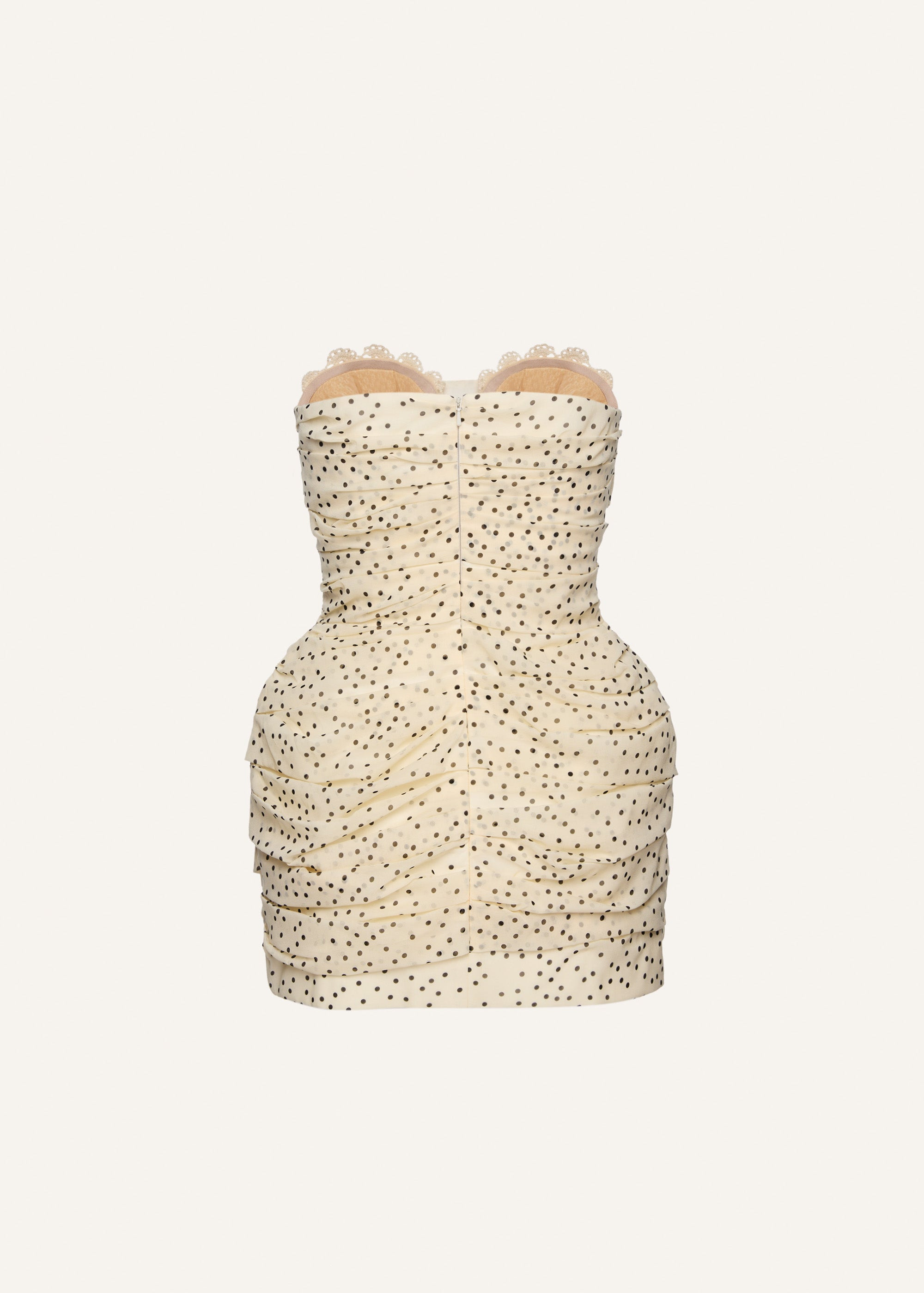 Strapless ruched silk mini dress in cream dots - 2