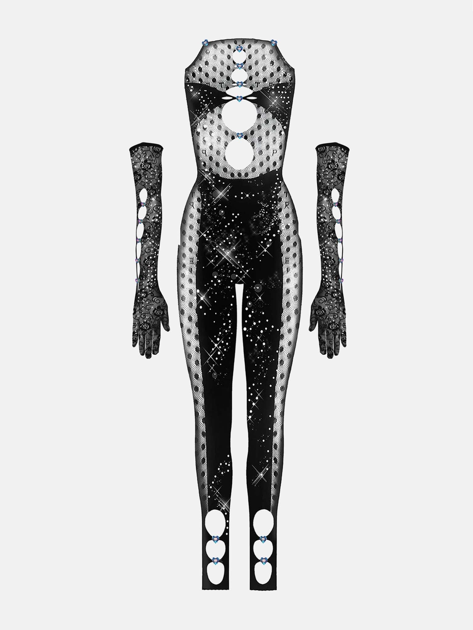 RHINESTONED JANICE JUMPSUIT X GLOVES SET JET BLACK - 1