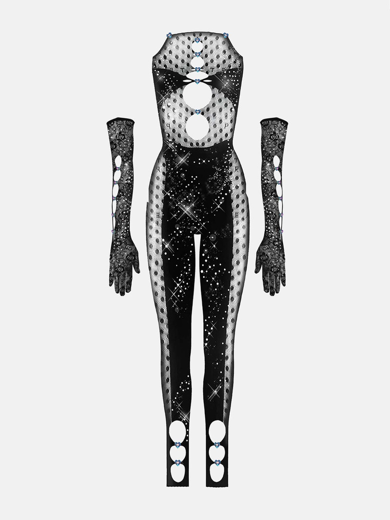 RHINESTONED JANICE JUMPSUIT X 글로브 세트 JET BLACK 1