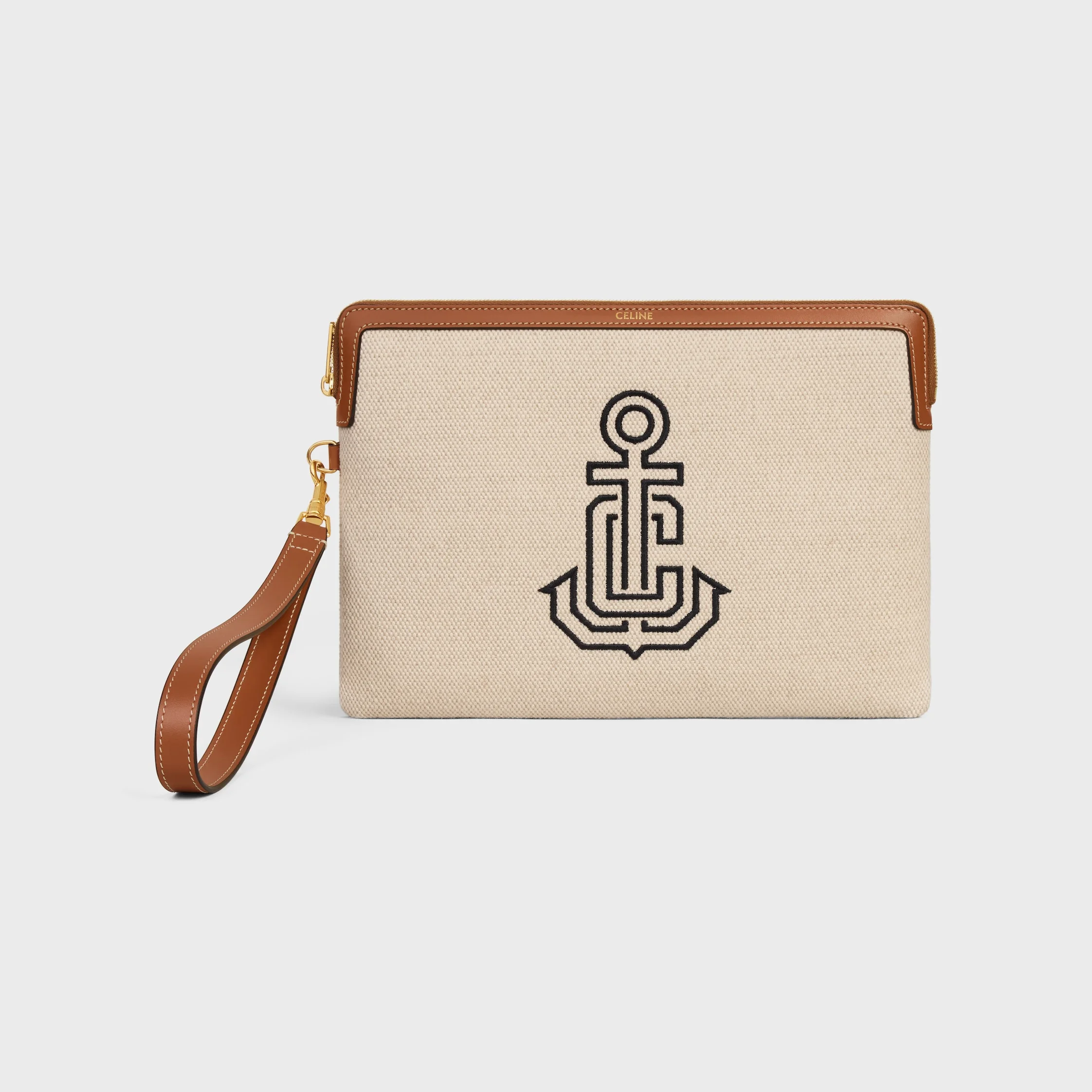 SMALL POUCH WITH STRAP IN TEXTILE WITH ANCHOR EMBROIDERY AND CALFSKIN - 1