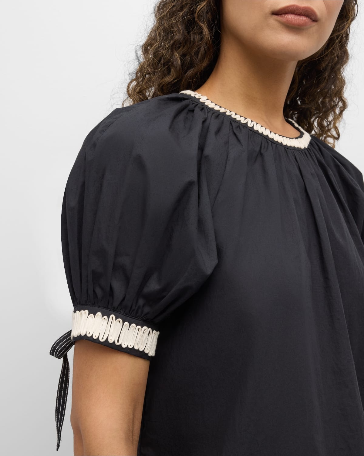 Amara Short-Sleeve Embroidered Tie-Cuff Poplin Top - 5