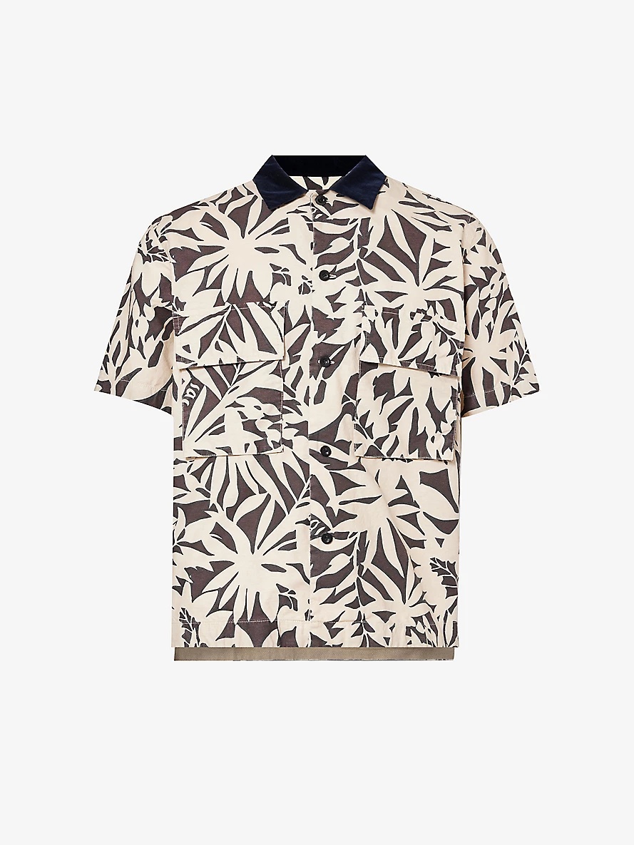 Leaf-print contrast-collar cotton shirt - 1