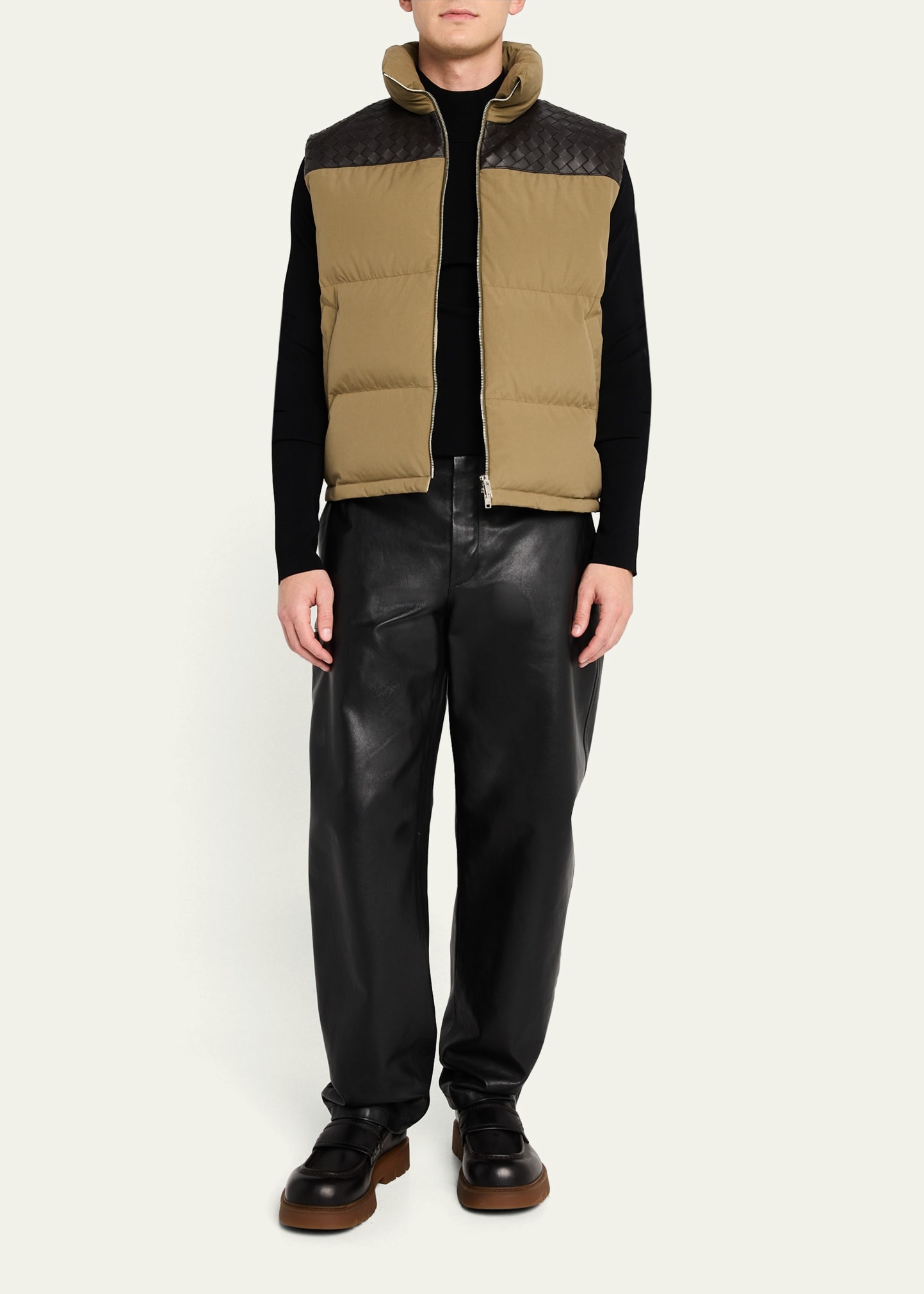 Men's Cotton and Intrecciato Leather Puffer Vest - 2