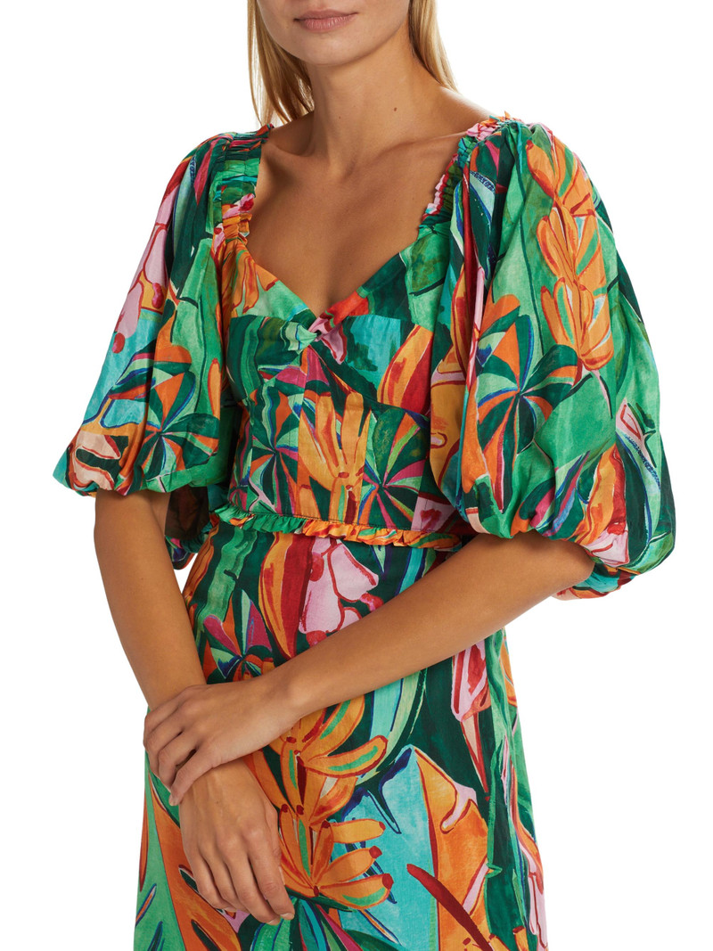 Women's Banana Foliage Puff-Sleeve Cotton Voile Midi-Dress 6