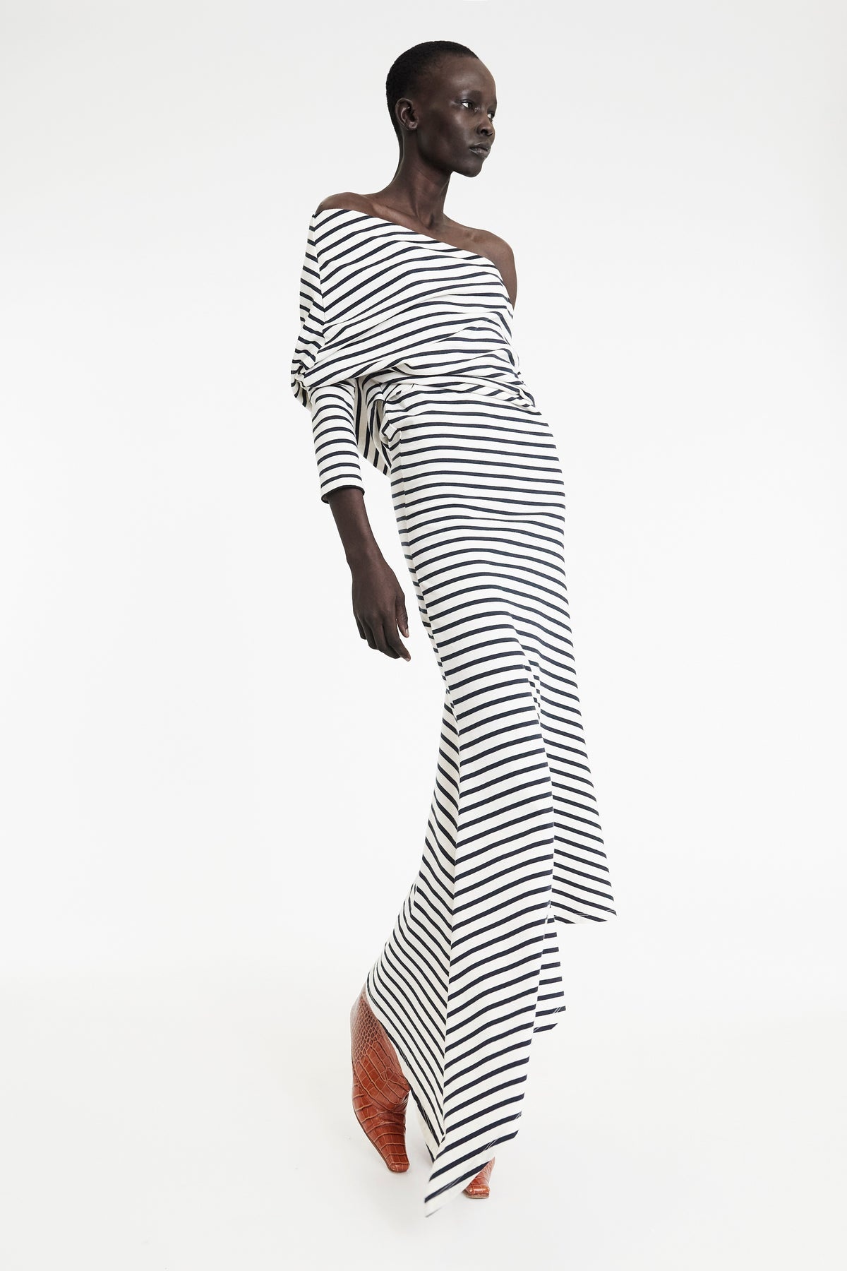OFF SHOULDER ASYMMETRIC DRESS WHITE NAVY STRIPE - 3