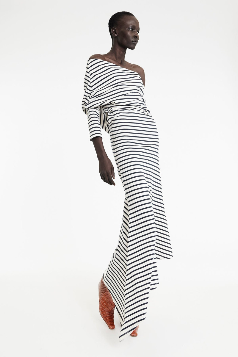 OFF SHOULDER ASYMMETRIC DRESS WHITE NAVY STRIPE 3