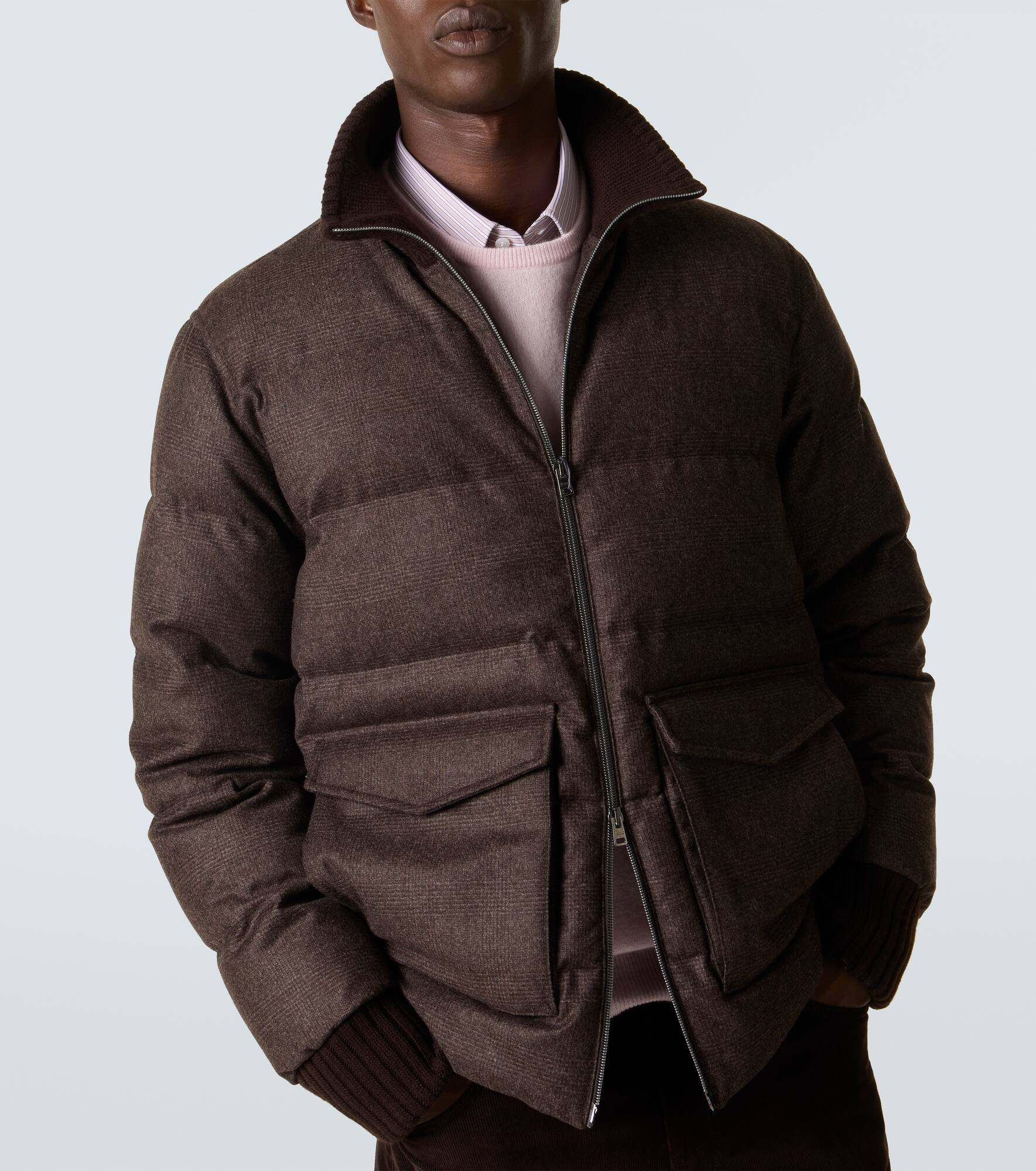 Checked wool and cashmere down jacket - 5