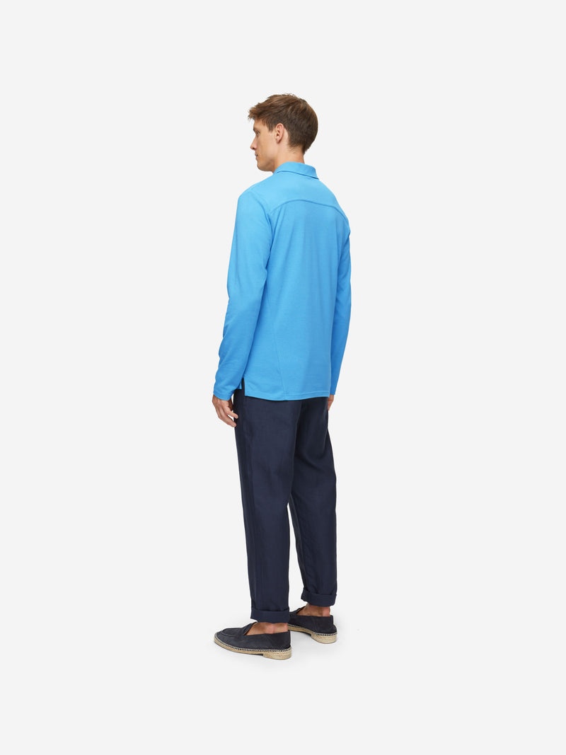 Men's Long Sleeve Polo Shirt Ramsay 4 Pique Cotton Tencel Blue - 4