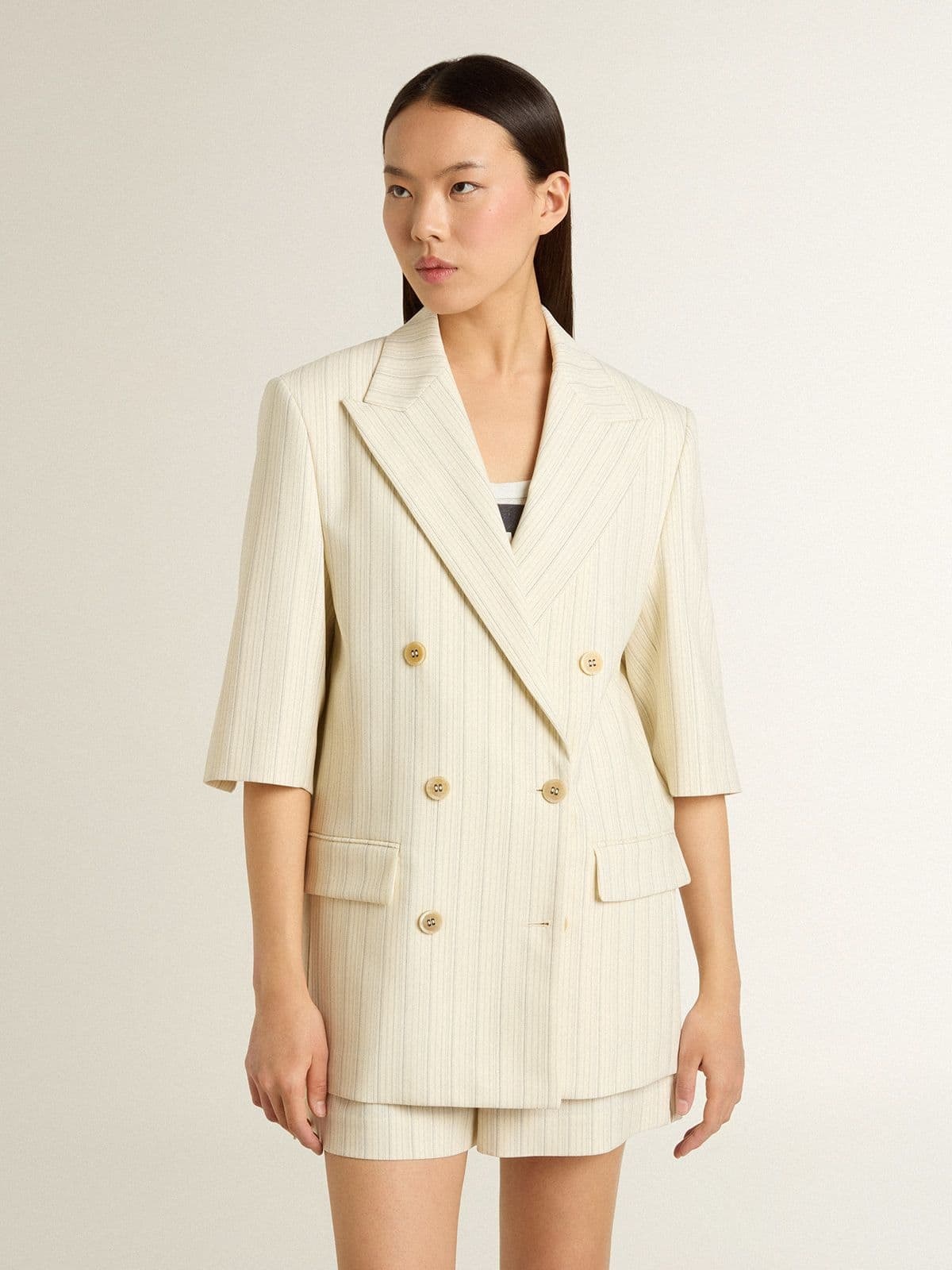 Women's blazer in white and gray pinstripe wool blend with short sleeves - 2