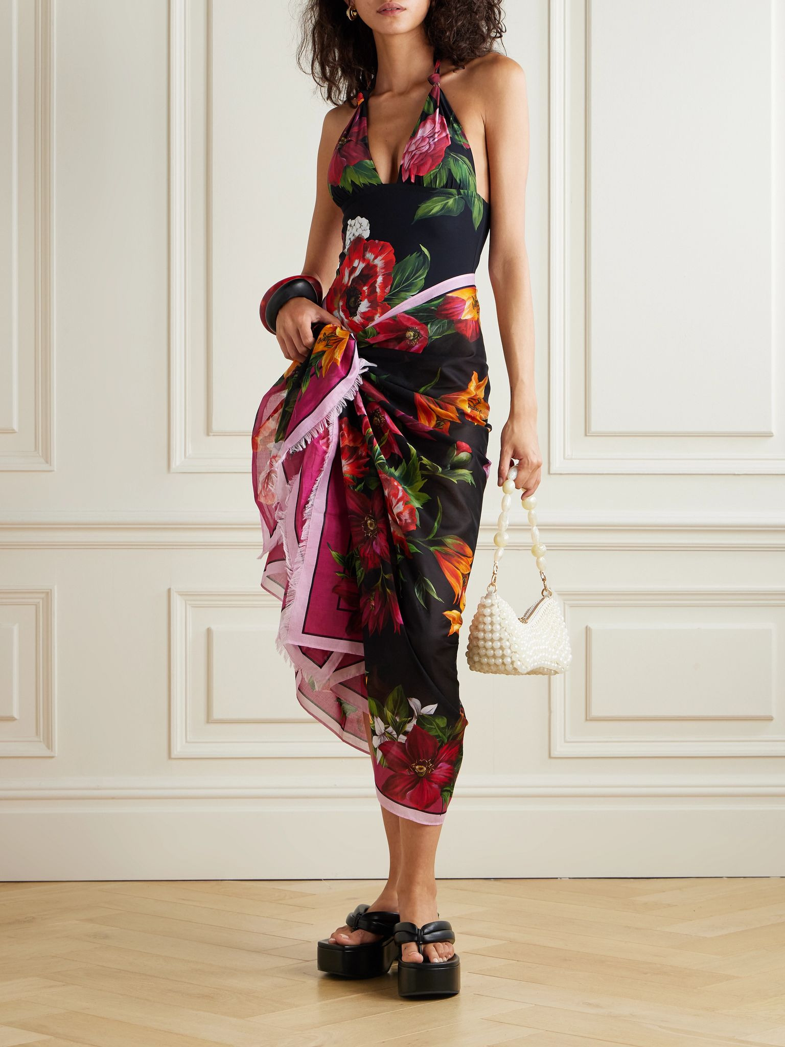 Frayed floral-print cotton-voile pareo Black - 2