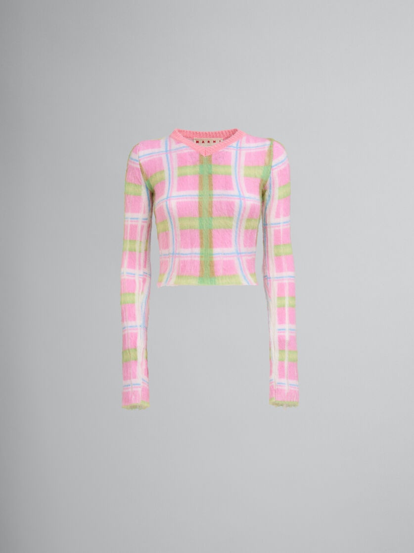 PINK AND GREEN CHECKED BRUSHED MOHAIR JUMPER - 1