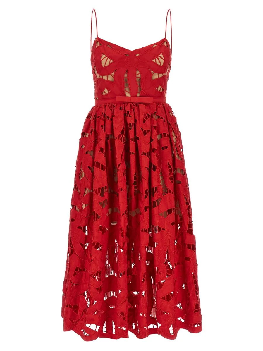 Self-Portrait 'Red Bow Embroidered Midi' Dress - 1
