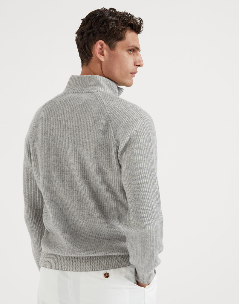 Brunello Cucinelli Cashmere vanisé English rib turtleneck sweater with zipper and raglan sleeves outlook