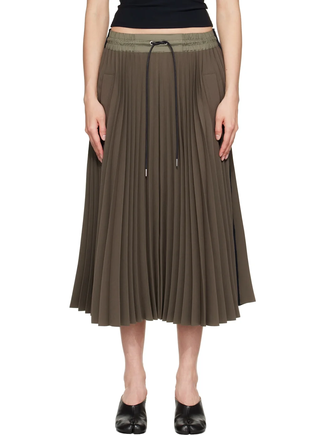 Khaki Matelasse Twill Midi Skirt - 1
