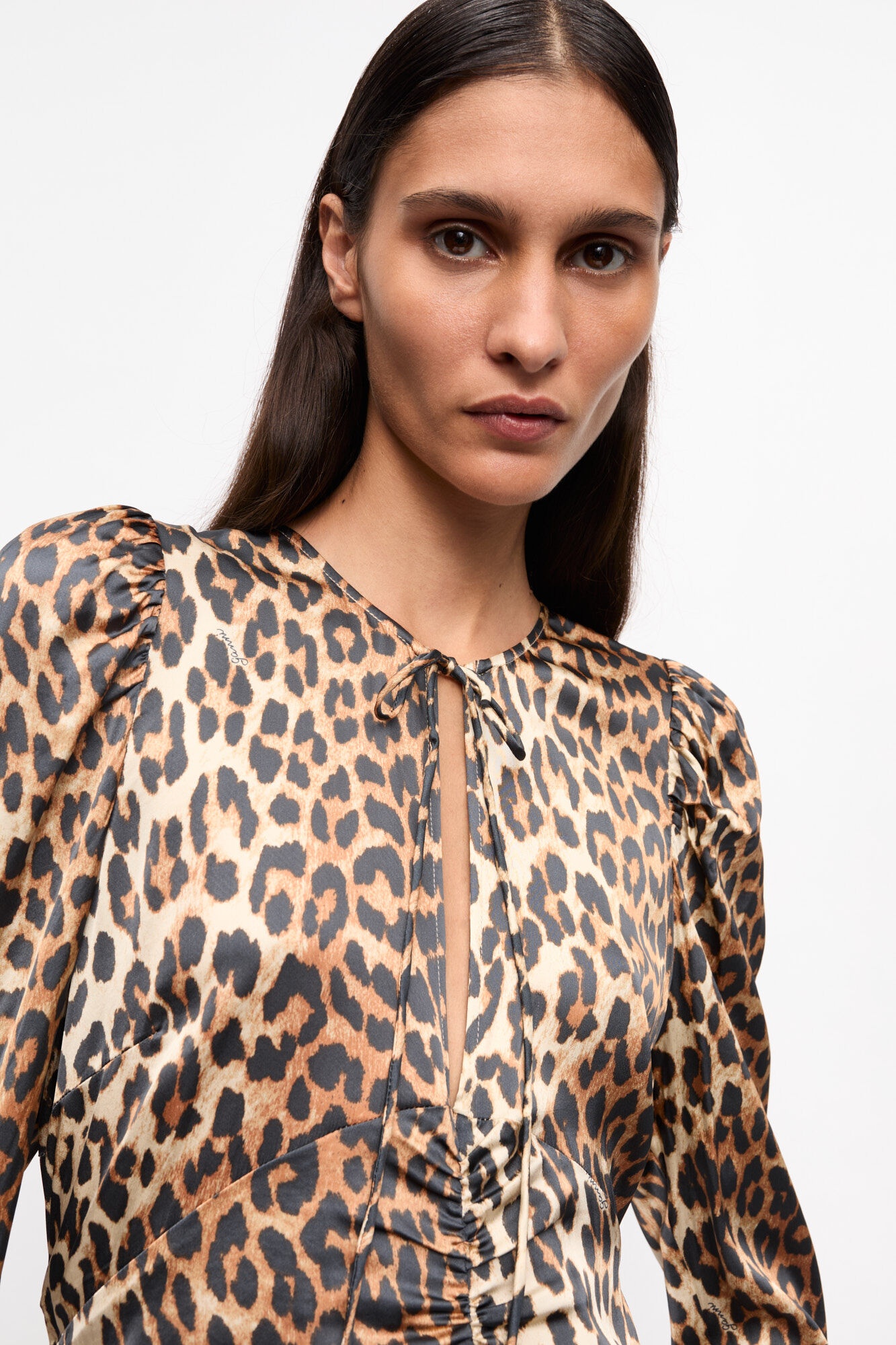 LEOPARD PRINT SATIN RUCHED MIDI DRESS - 5