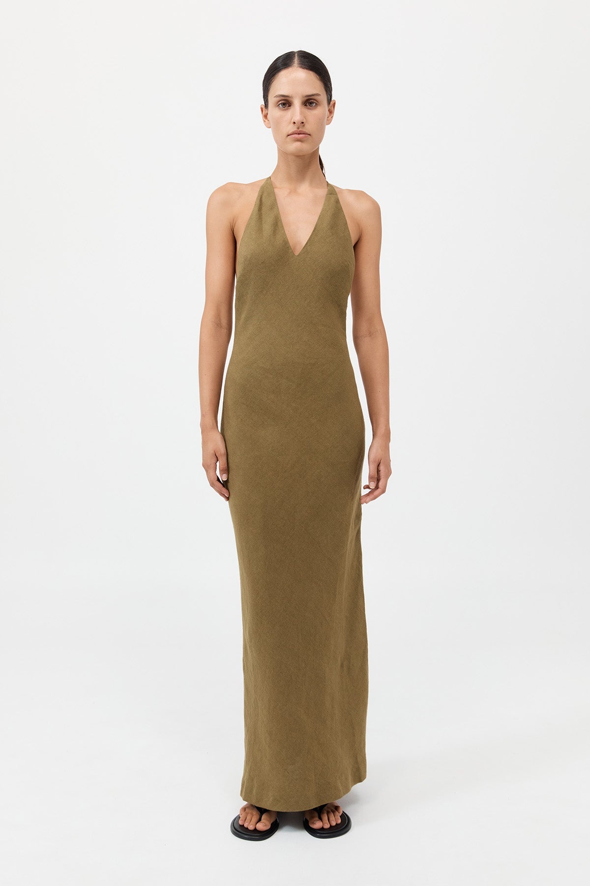 Linen Bias Halter Dress - Olive - 2