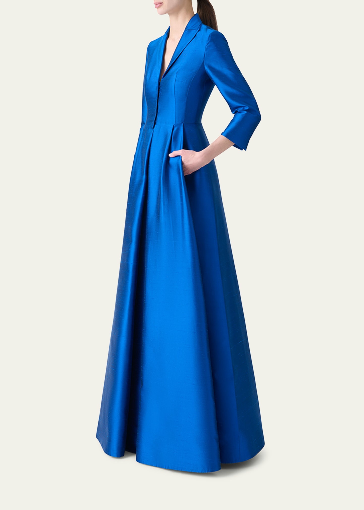 Three-Quarter Sleeve Flared Long Silk Coat Dress - 4