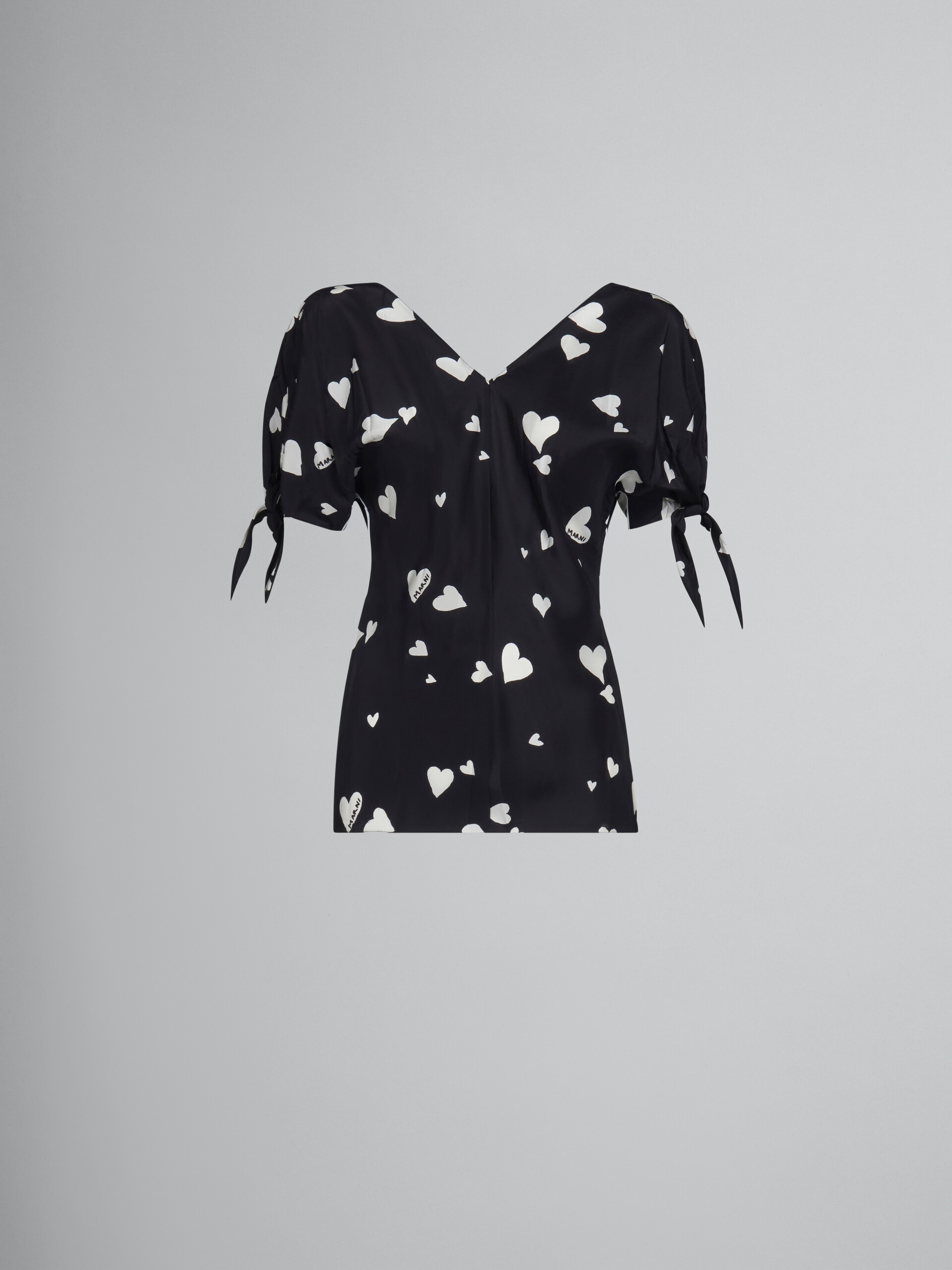 BLACK SILK BOW-SLEEVE TOP WITH BUNCH OF HEARTS PRINT - 1