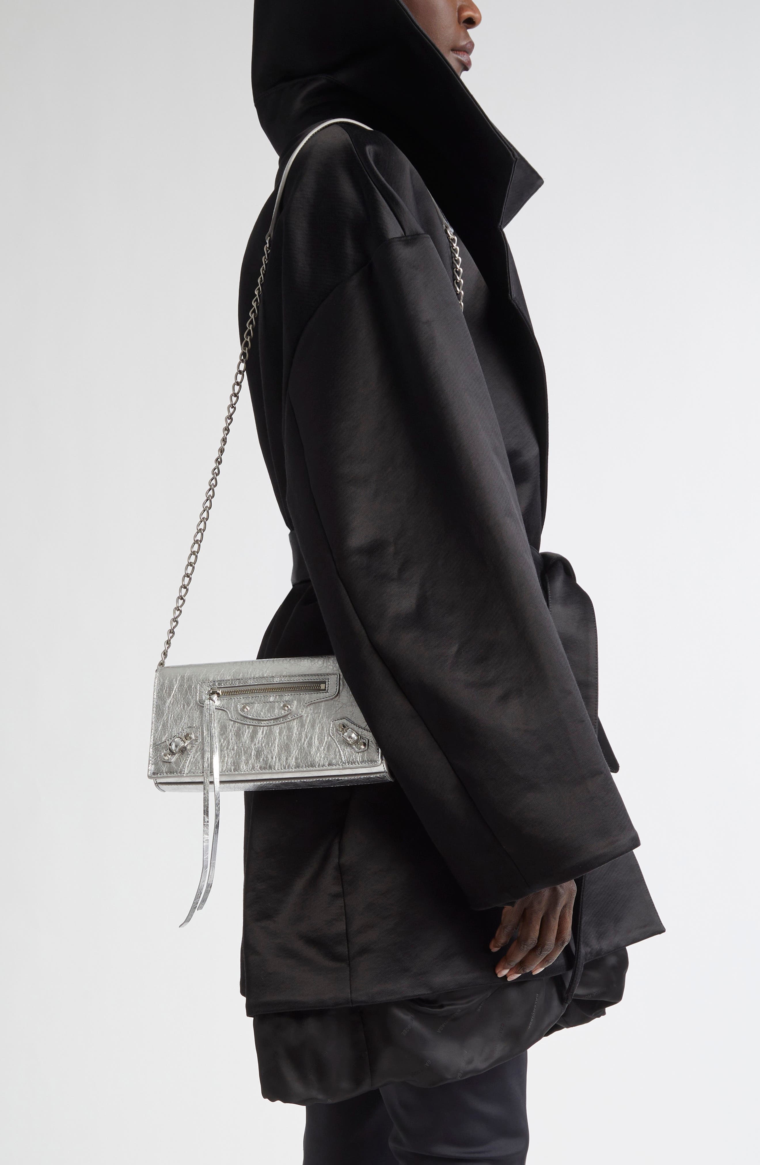 Balenciaga Le City Metallic Leather Wallet on a Chain in 8122 Silver at Nordstrom - 3