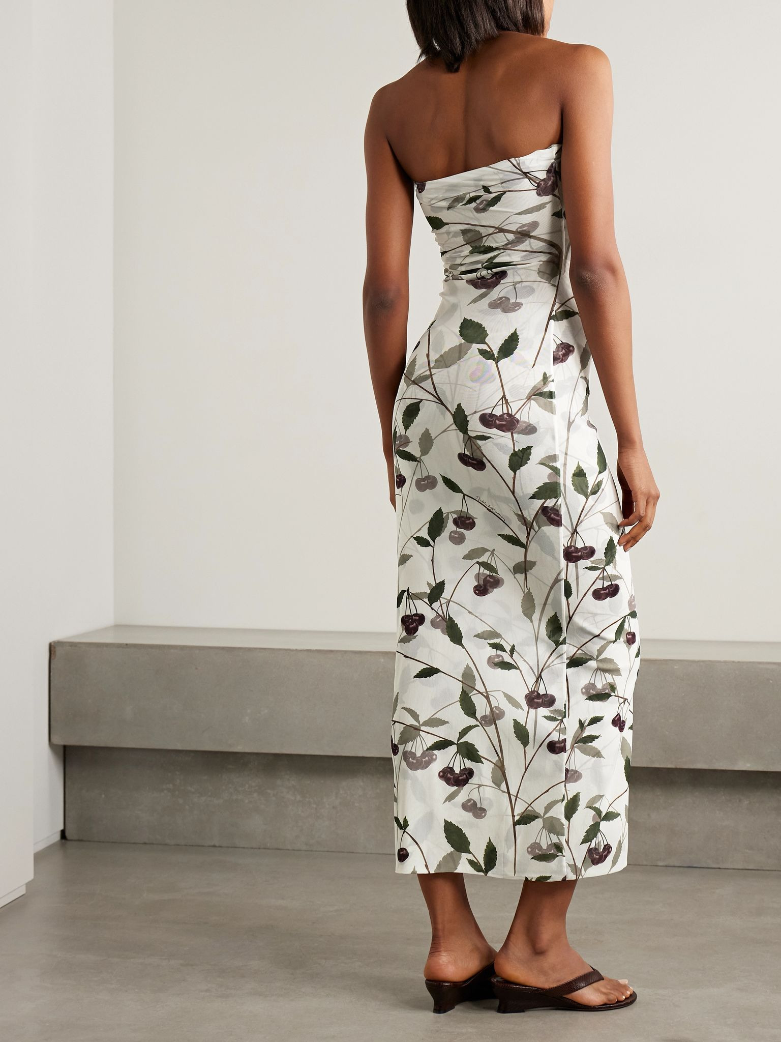 Strapless ruched printed stretch-mesh maxi dress Ivory - 3