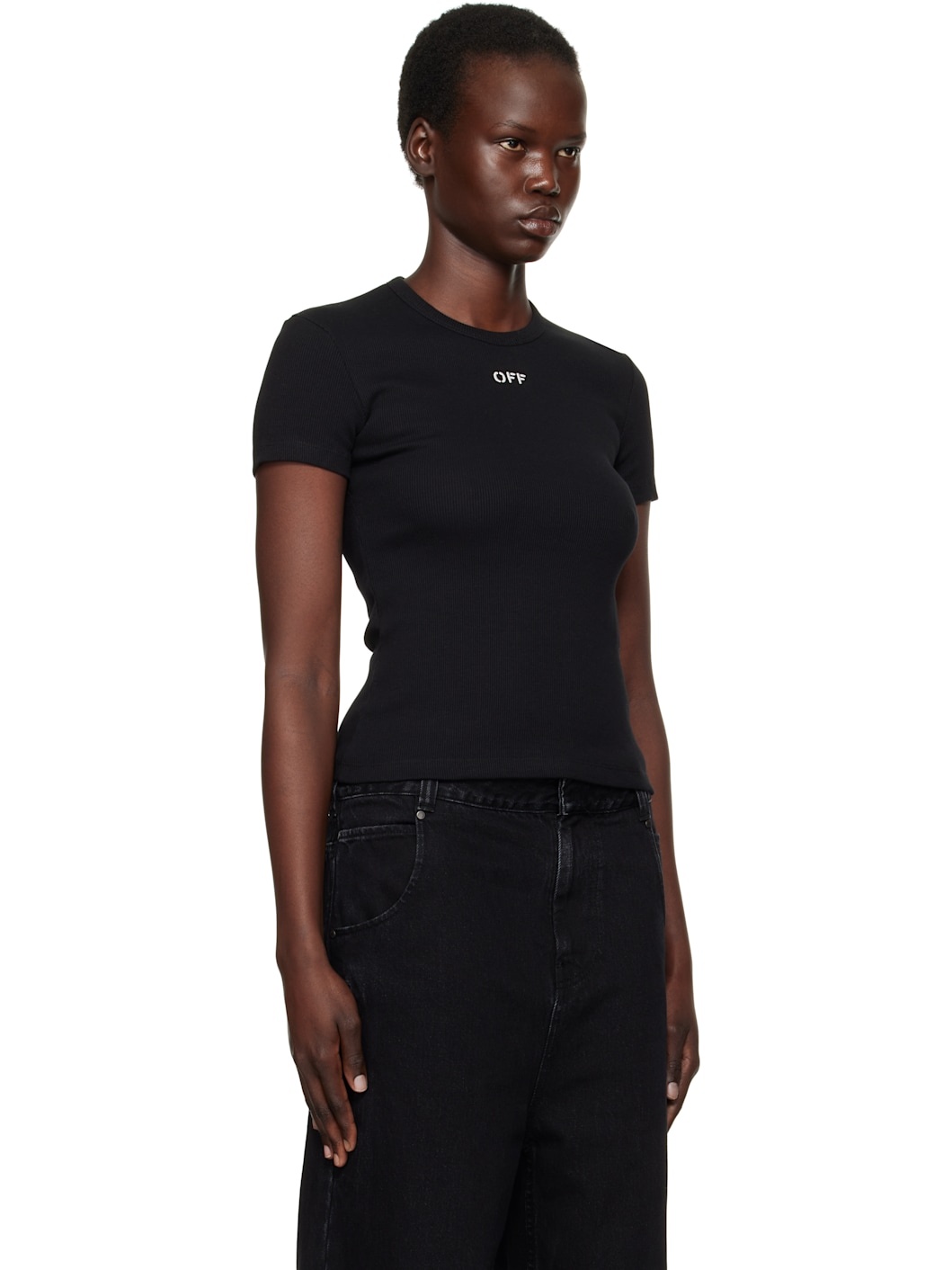 Black 'Off' Stamp Rib Basic T-shirt - 2