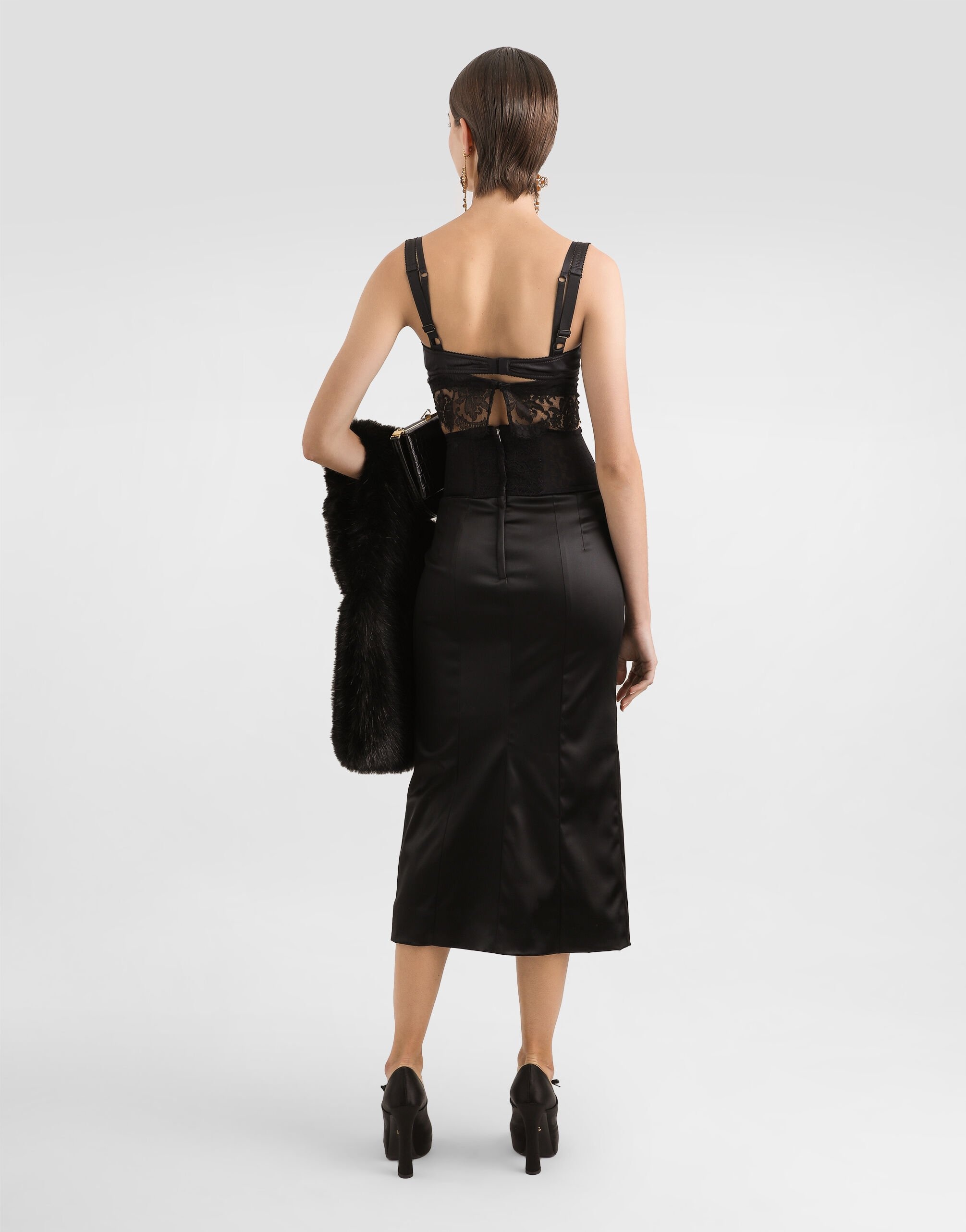 Satin calf-length skirt with corset-style belt detail - 3