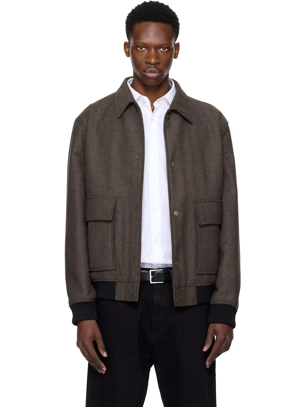 Brown Herringbone Bomber Jacket - 1