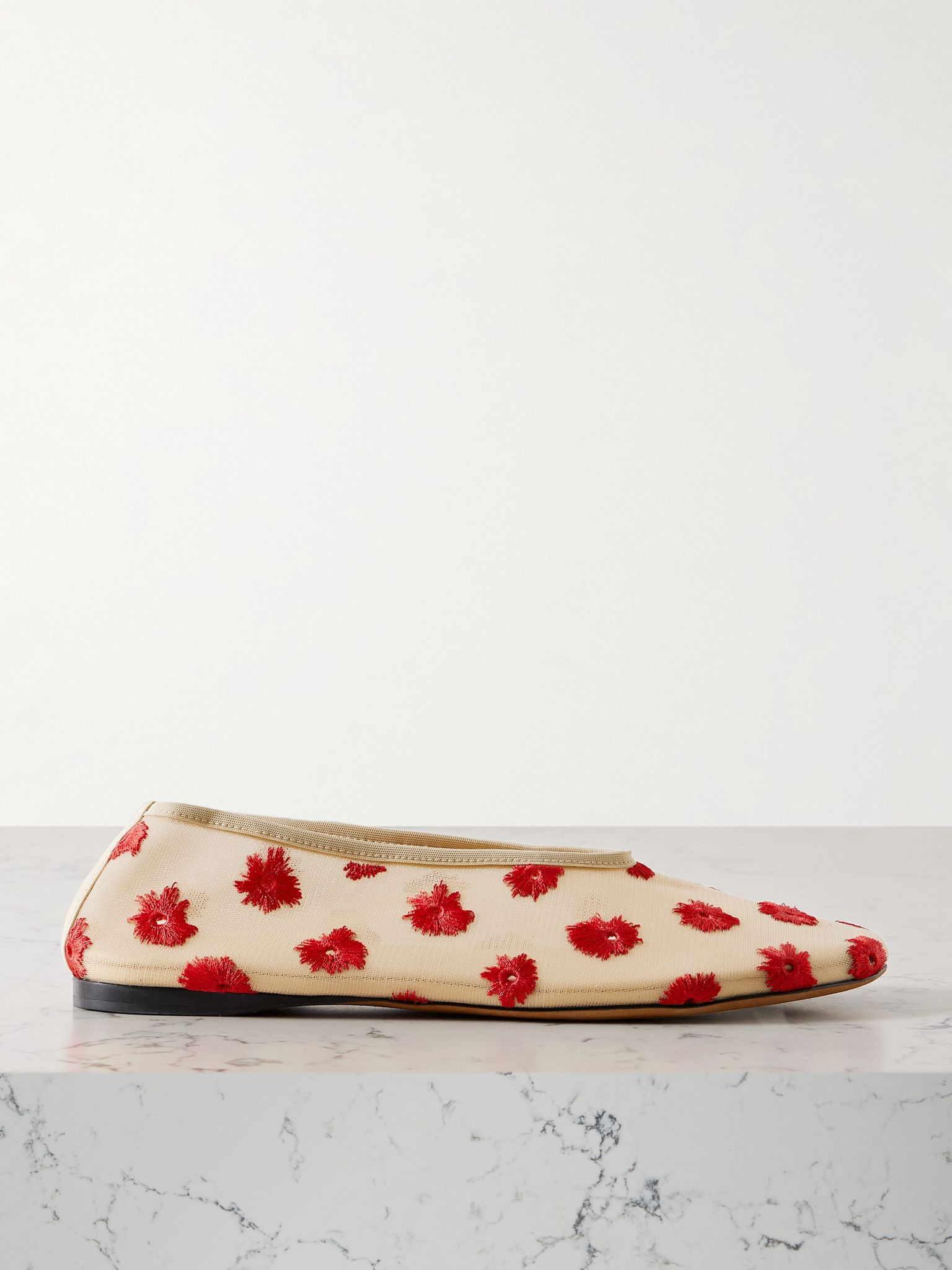 Tee embroidered mesh ballet flats Cream - 1