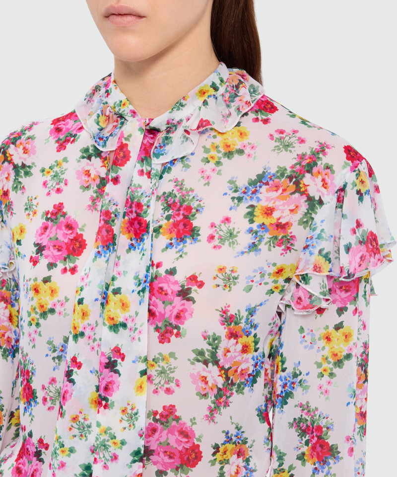 White viscose georgette blouse with floral print and ruffled collar 5