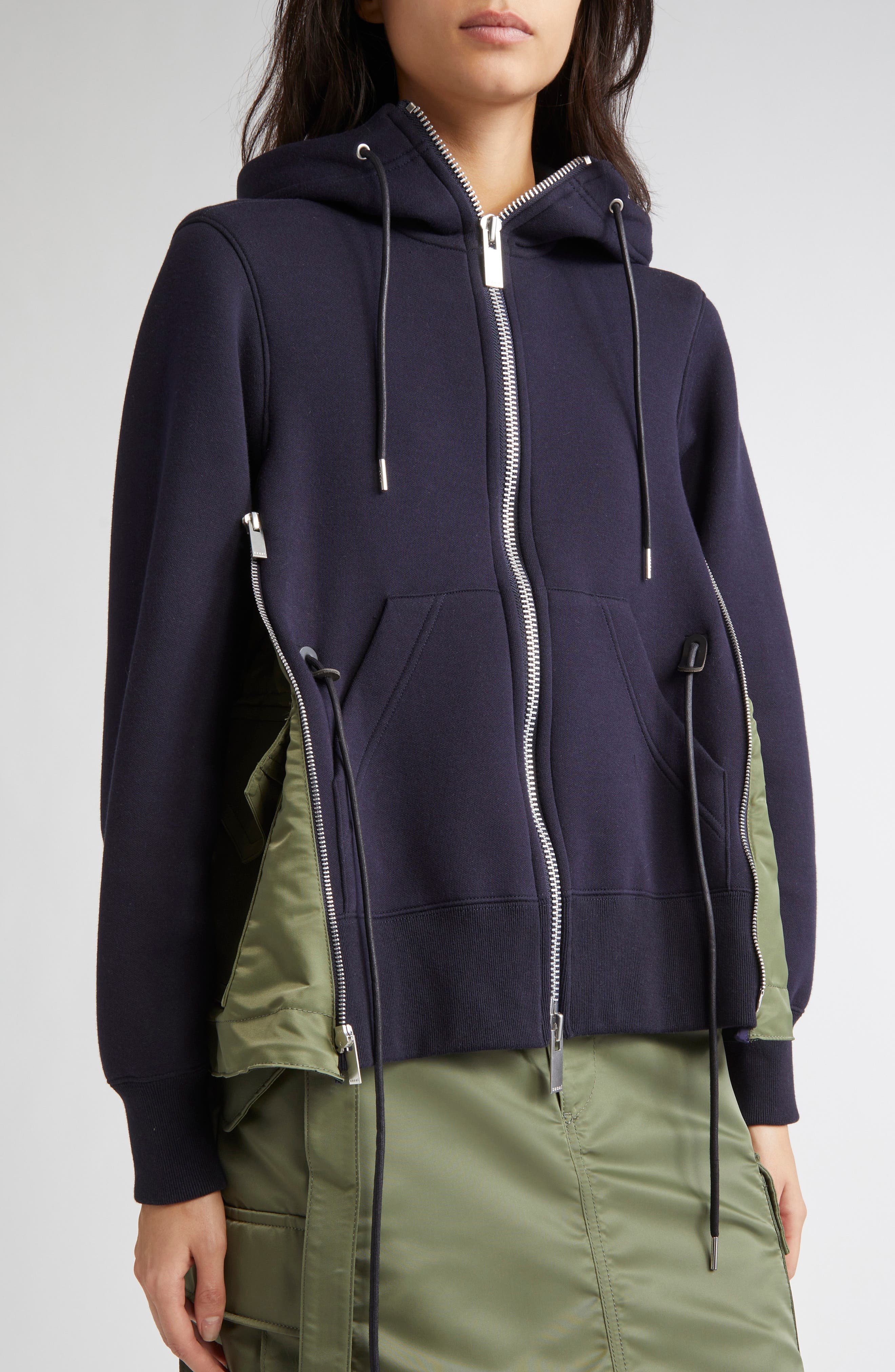Sacai Sponge Sweat x Nylon Twill Hoodie in Navy/Khaki 212 at Nordstrom - 4