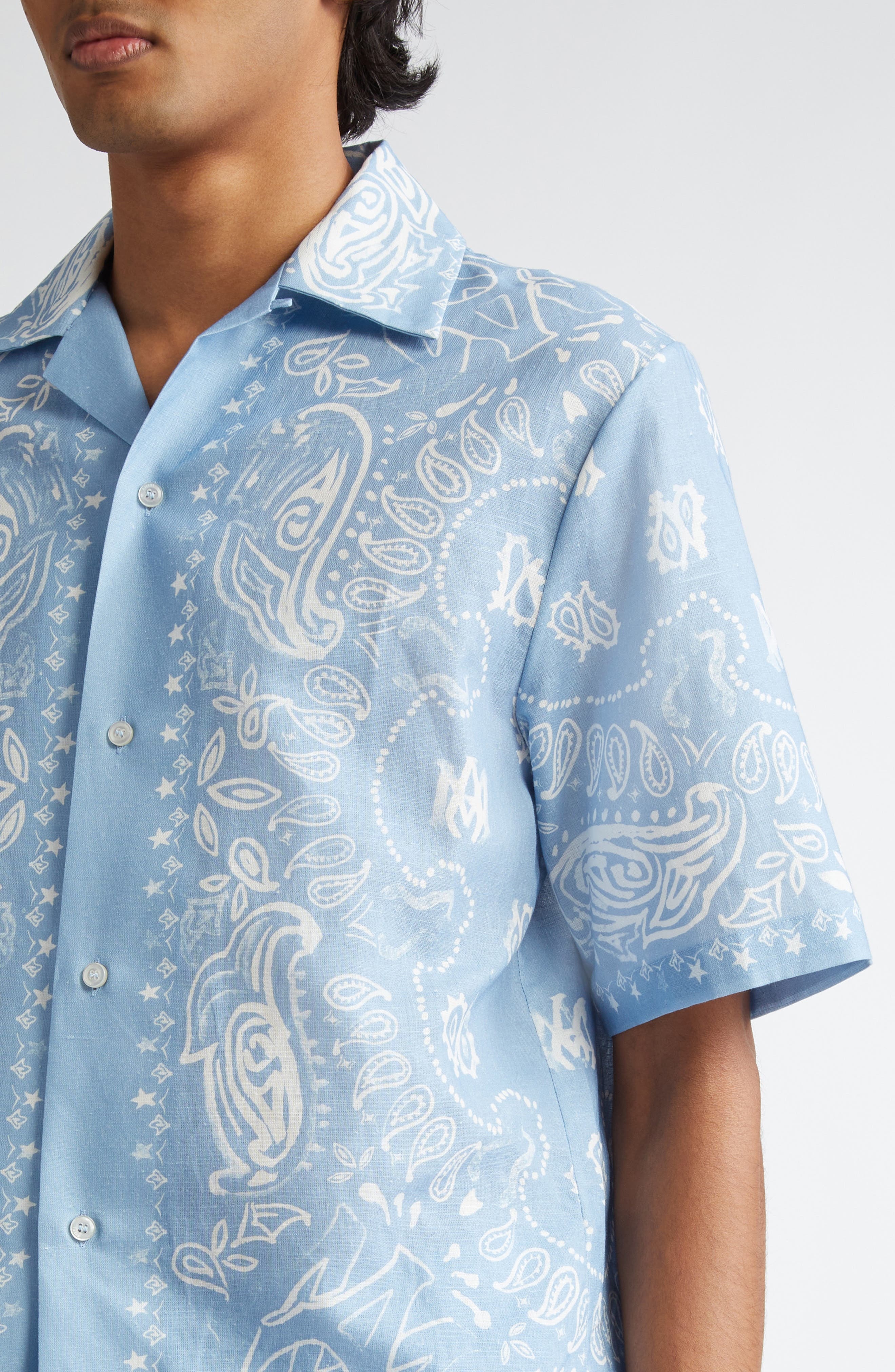 AMIRI Watercolor Bandana Linen & Cotton Camp Shirt in Cerulean at Nordstrom - 5