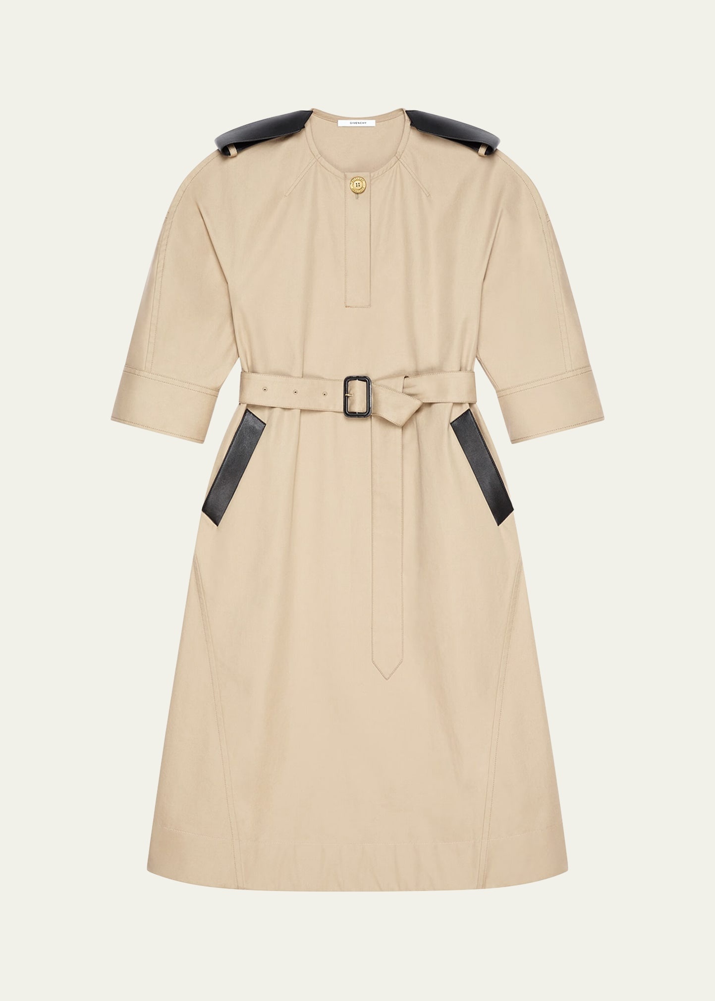 Leather-Trim Belted Cotton Twill Midi Cocoon Dress - 1