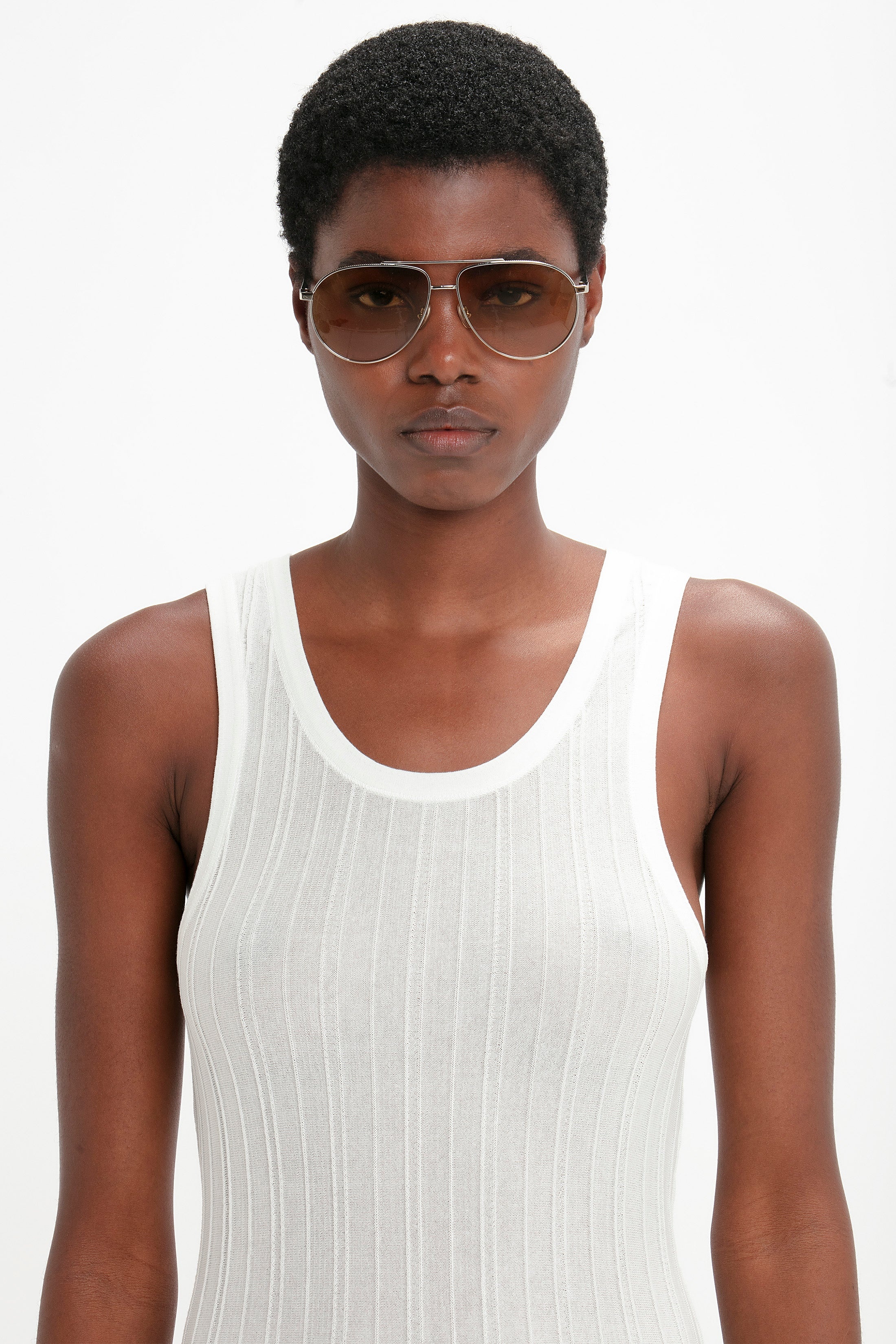 V Metal Pilot Sunglasses In Silver-Brown - 3