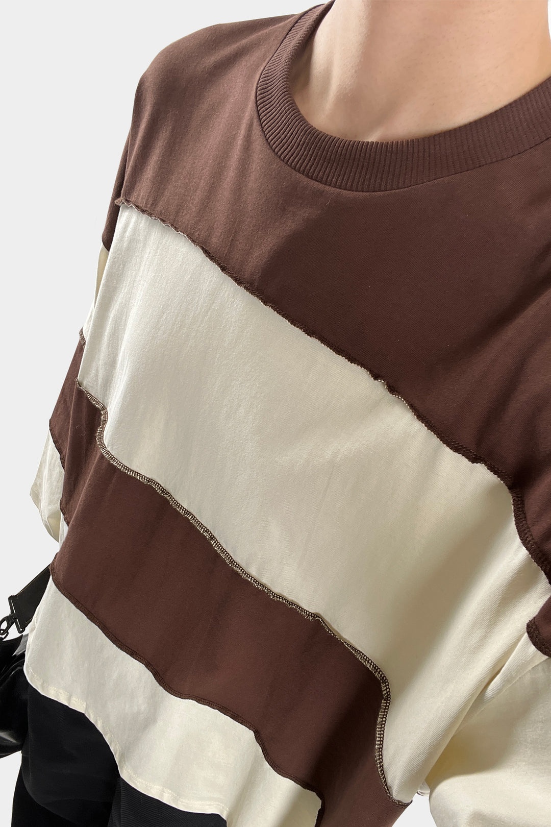 PANEL LONGSLEEVE T-SHIRT / brown & cream stripes - 6