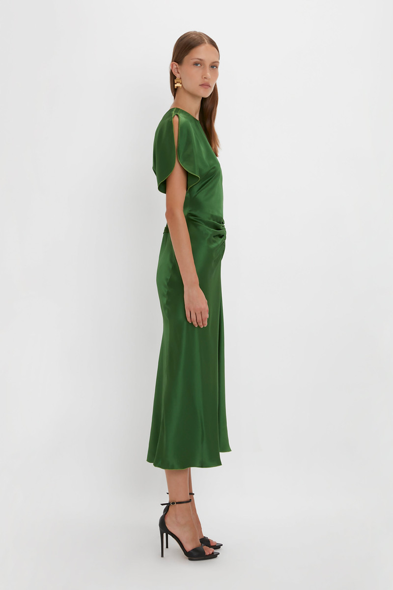 Gathered Waist Midi Dress In Emerald 7
