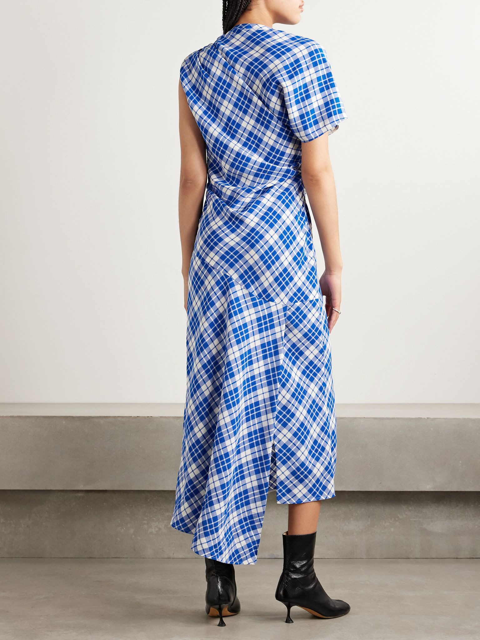 Hallie ruched checked twill midi dress Blue - 3