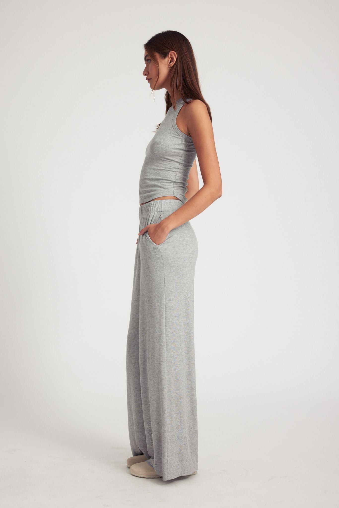HEATHER GREY RIB WIDE LEG PANTS - 3