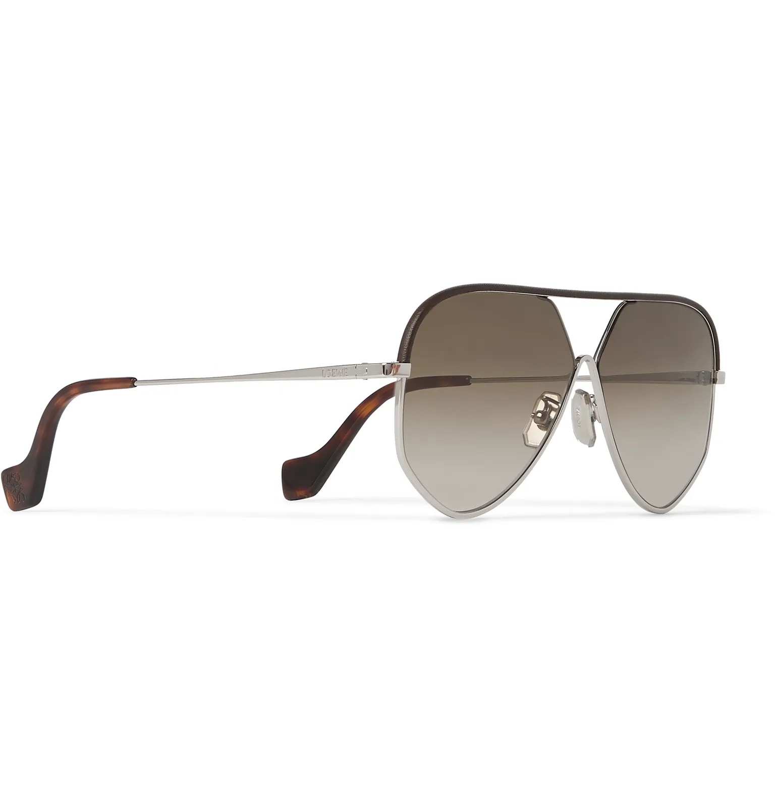 Aviator-Style Leather-Trimmed Silver-Tone and Tortoiseshell Acetate Sunglasses - 2