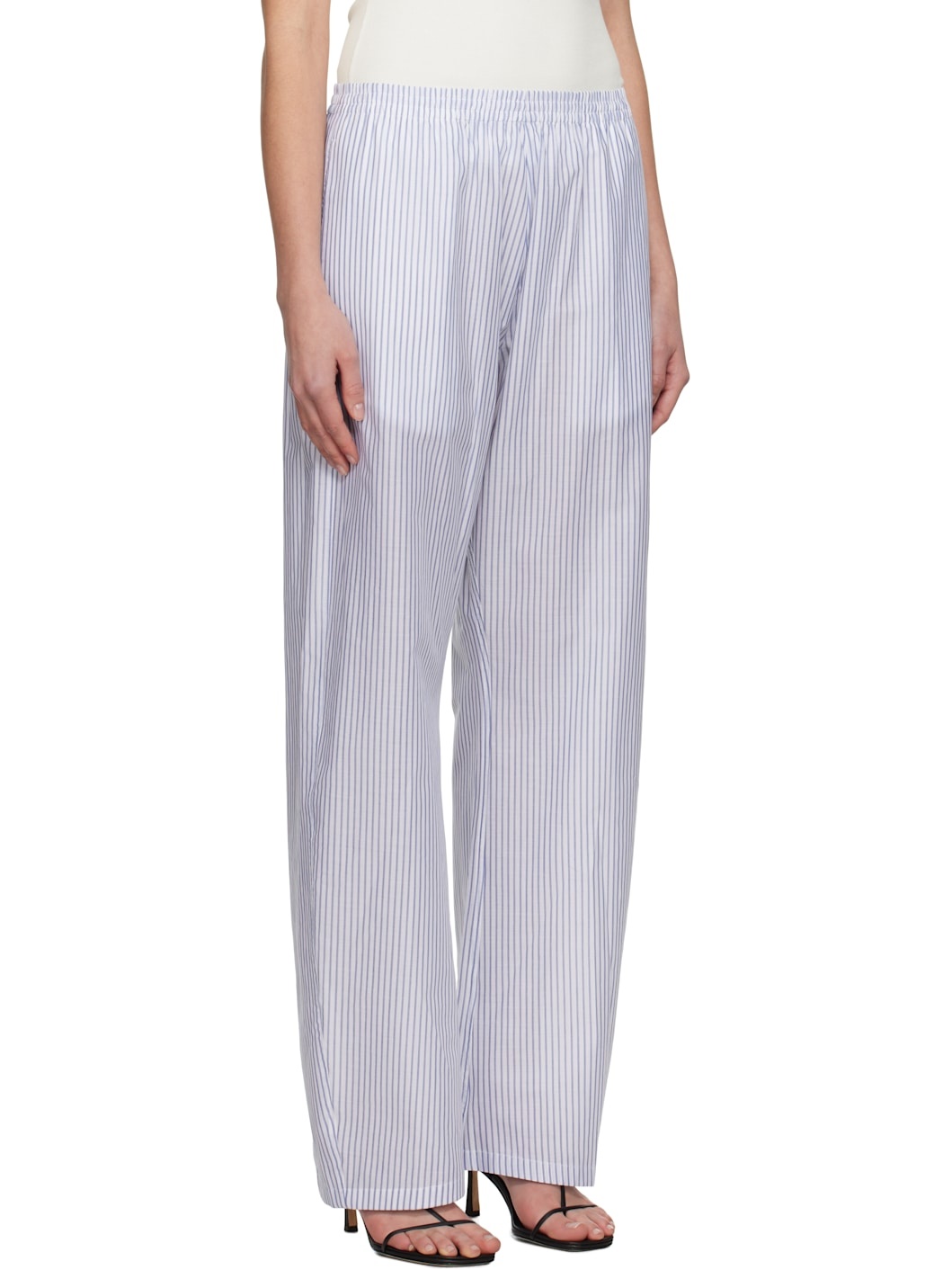 White & Blue Striped Cotton Poplin Lounge Pants - 2
