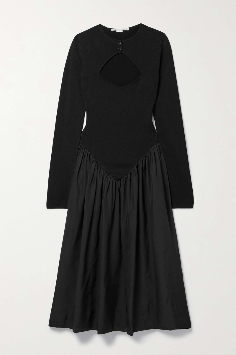 Cutout stretch-knit and gathered silk-satin midi dress 1