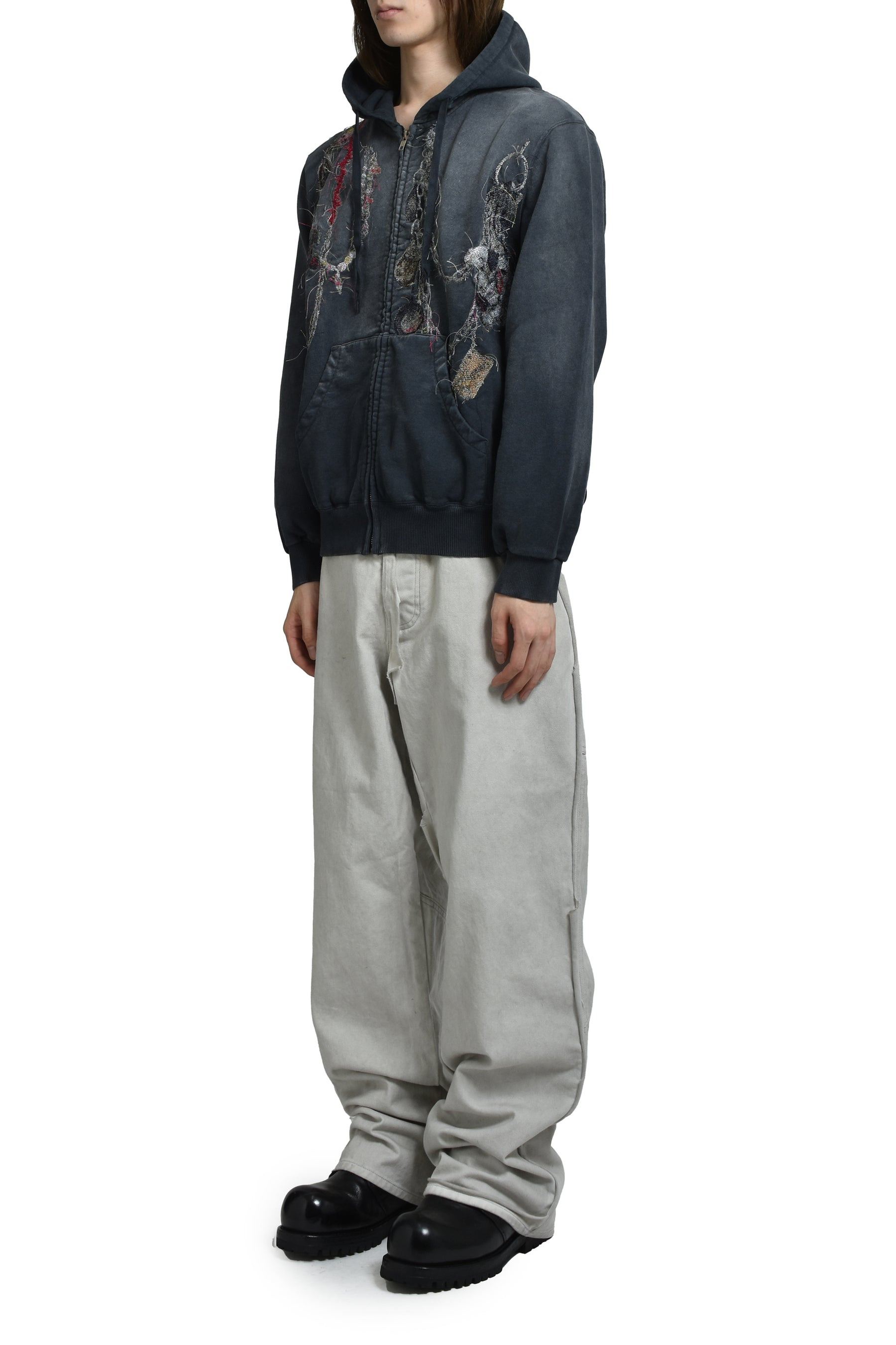 EMBROIDERED CHAIN ZIP-UP HOODIE / GRY - 5