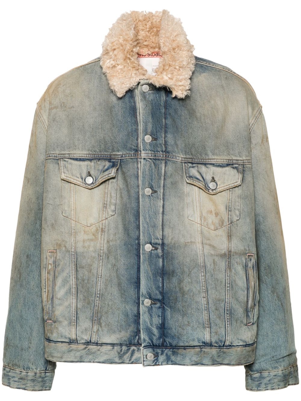 shearling-collar distressed denim jacket - 1