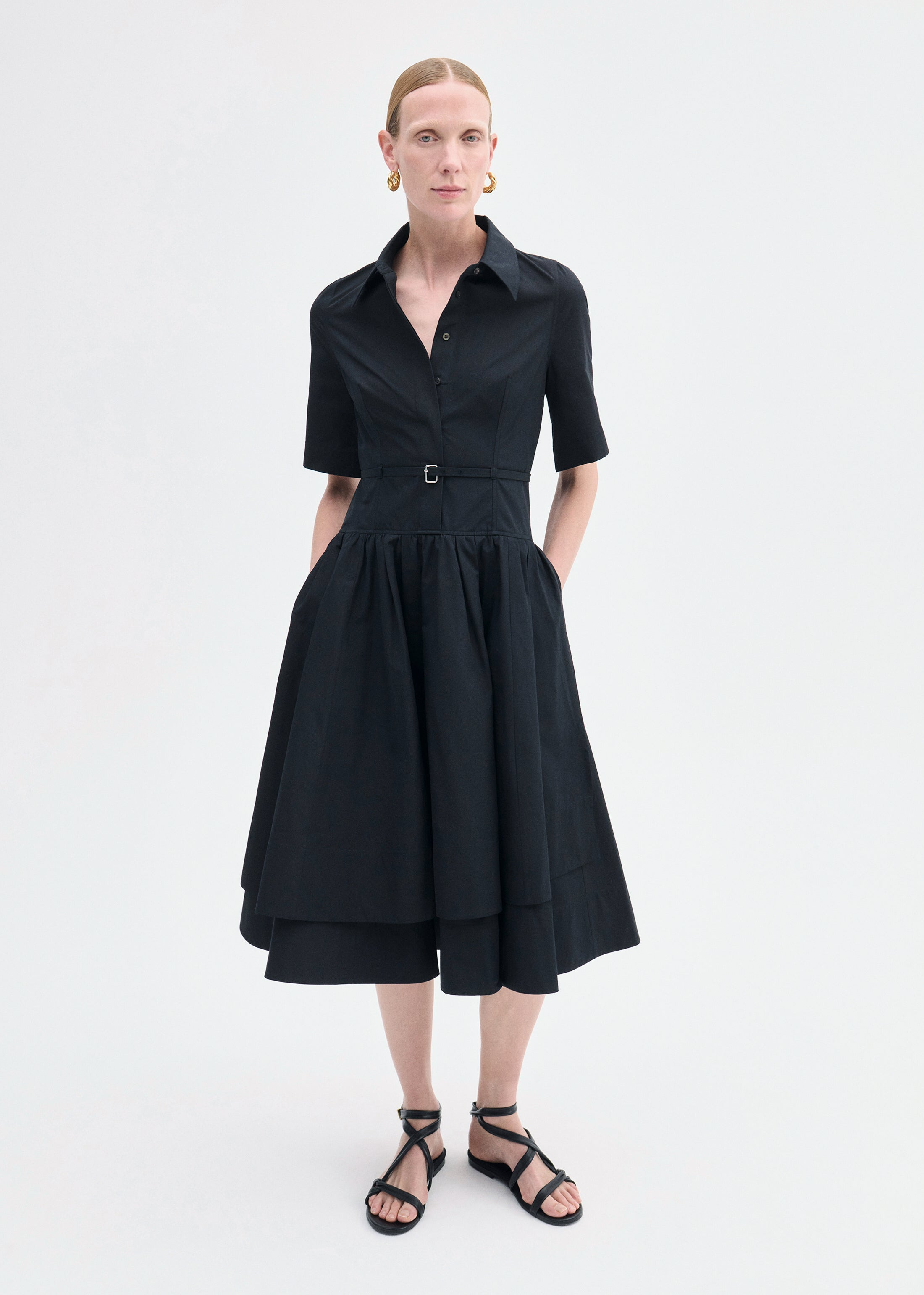 Short Sleeve Belted Dress in Cotton Poplin - 2