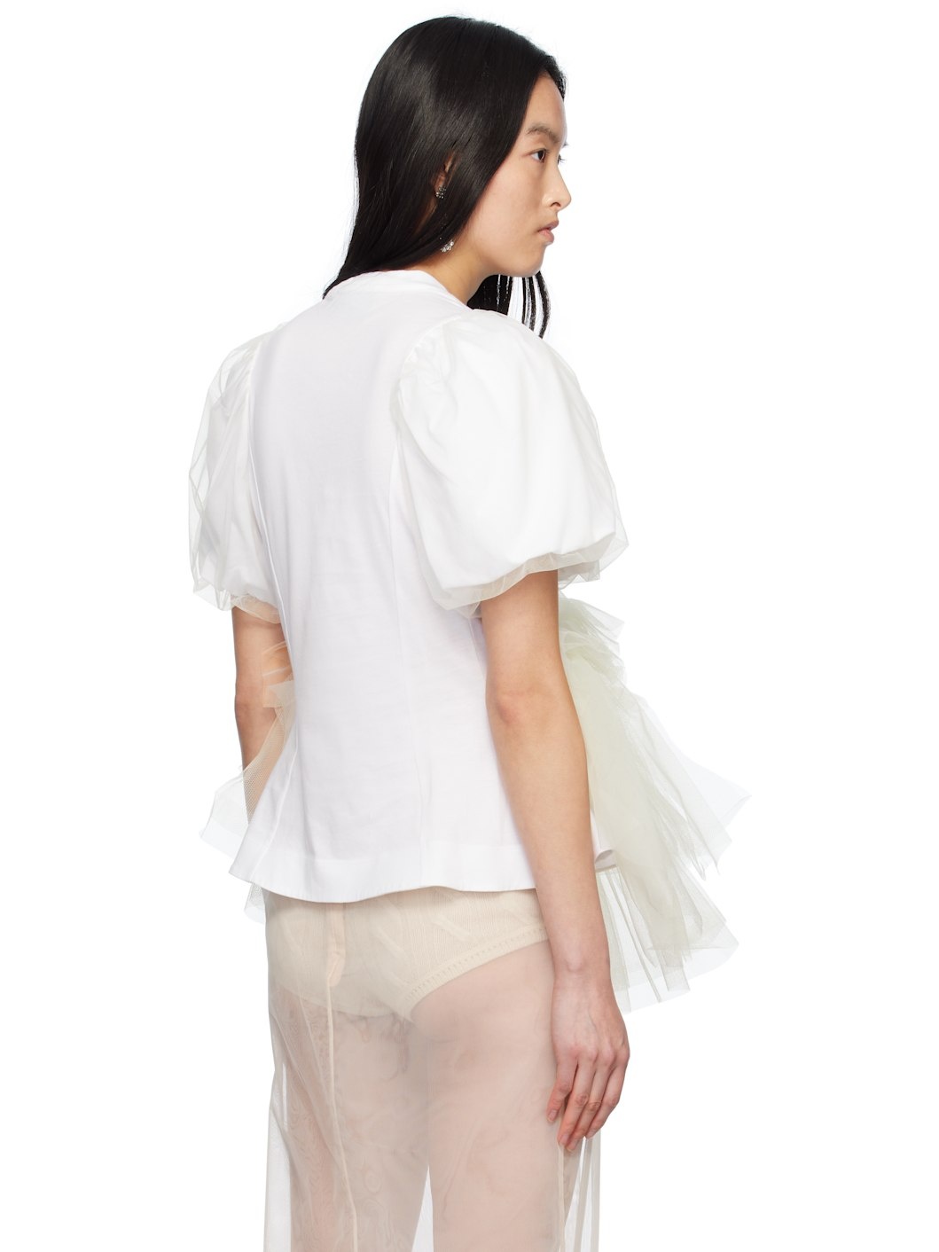 White Tulle Overlay Puff Sleeve Tutu Hem T-shirt - 3